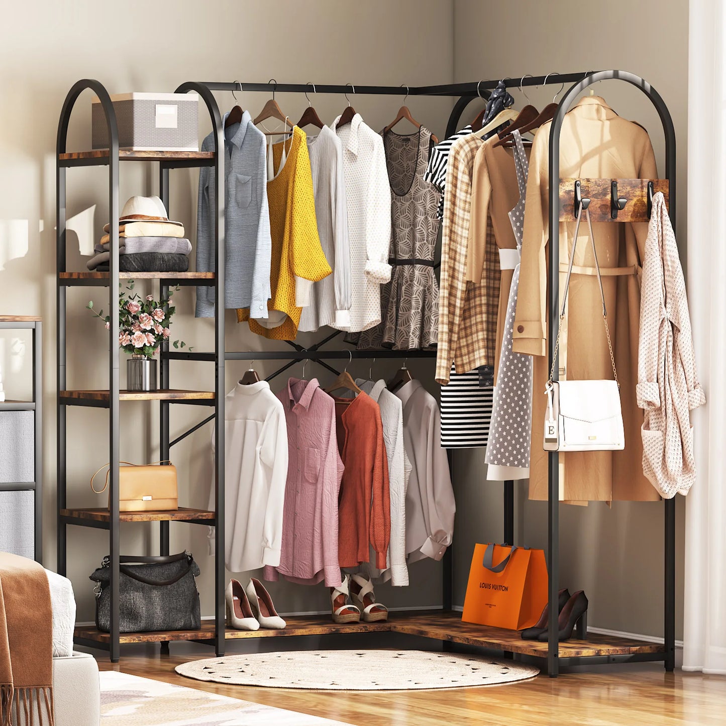 Tribesigns L Shape Clothes Rack With Storage Shelves And Rods