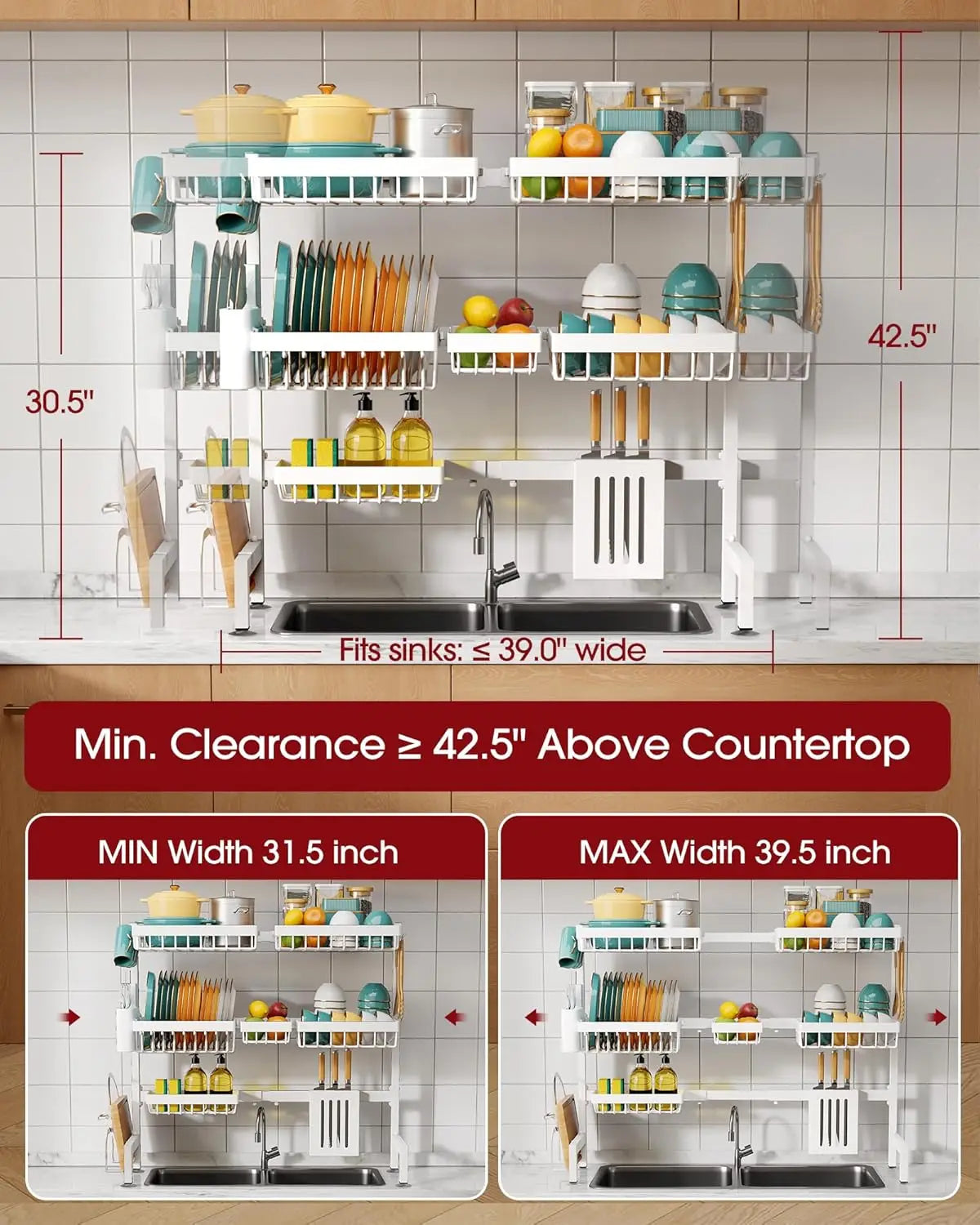 Over-Sink Dish Rack 3-Tier Stainless Steel With Utensil Holders