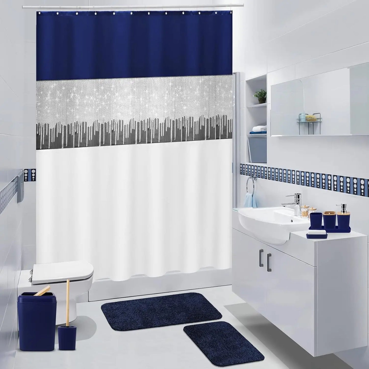 24 Piece Bathroom Set With Glitter Shower Curtain And Rugs