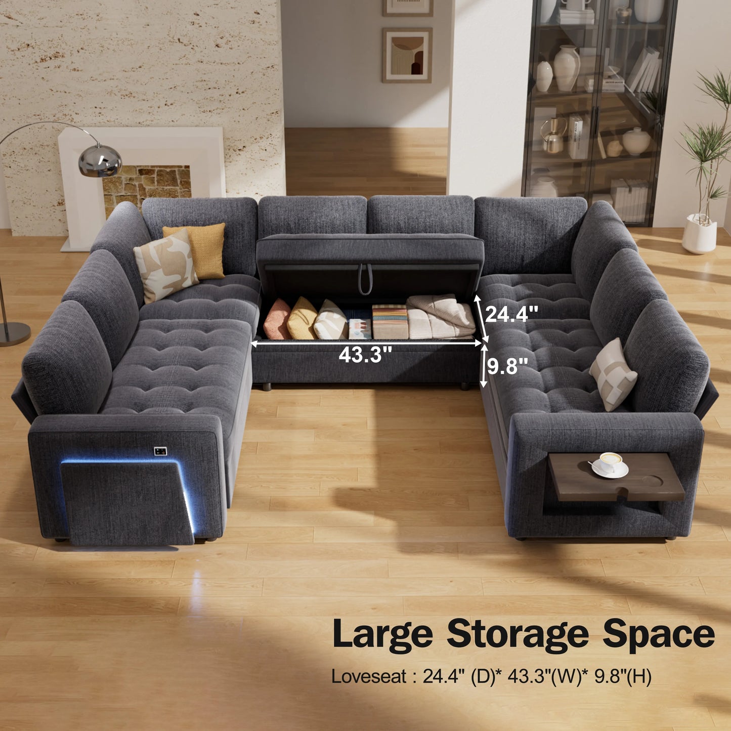 U Shaped Modular Sectional With Pull Out Bed And USB