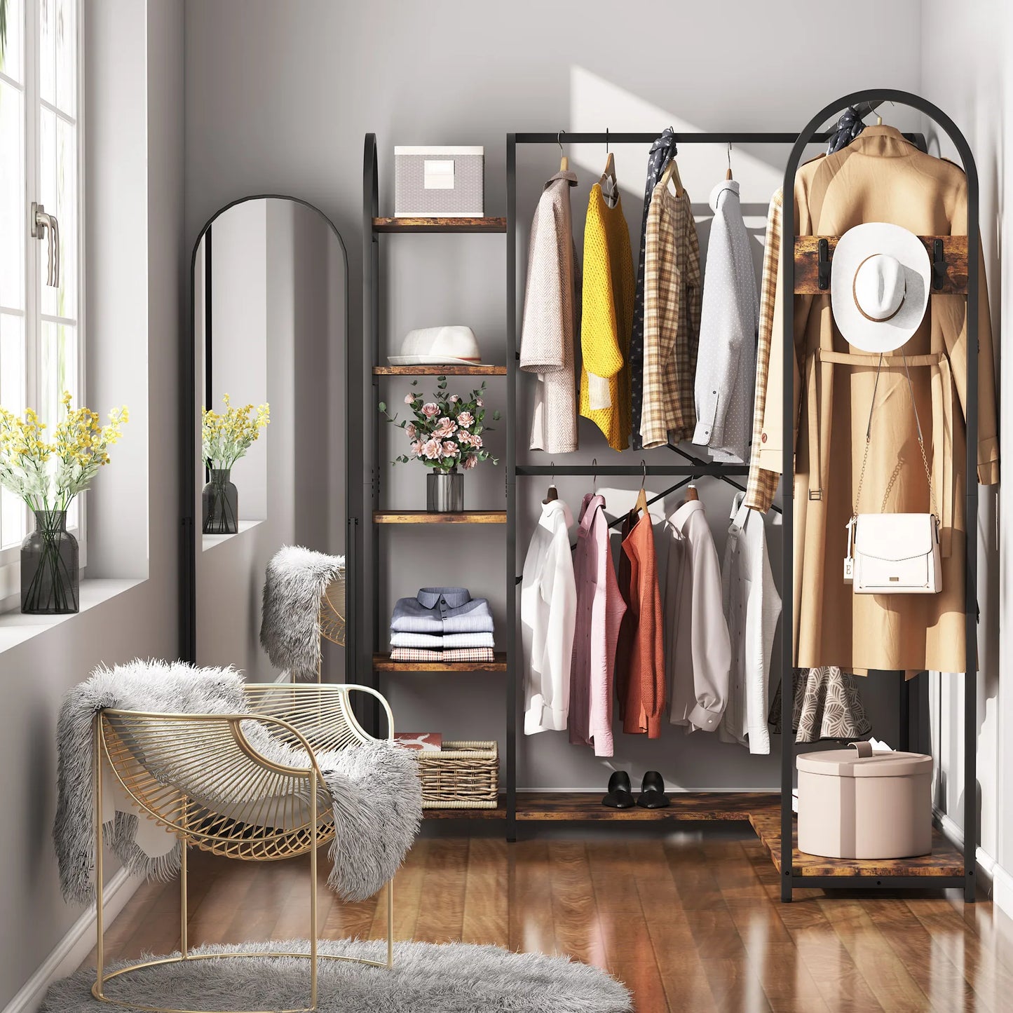 Tribesigns L Shape Clothes Rack With Storage Shelves And Rods