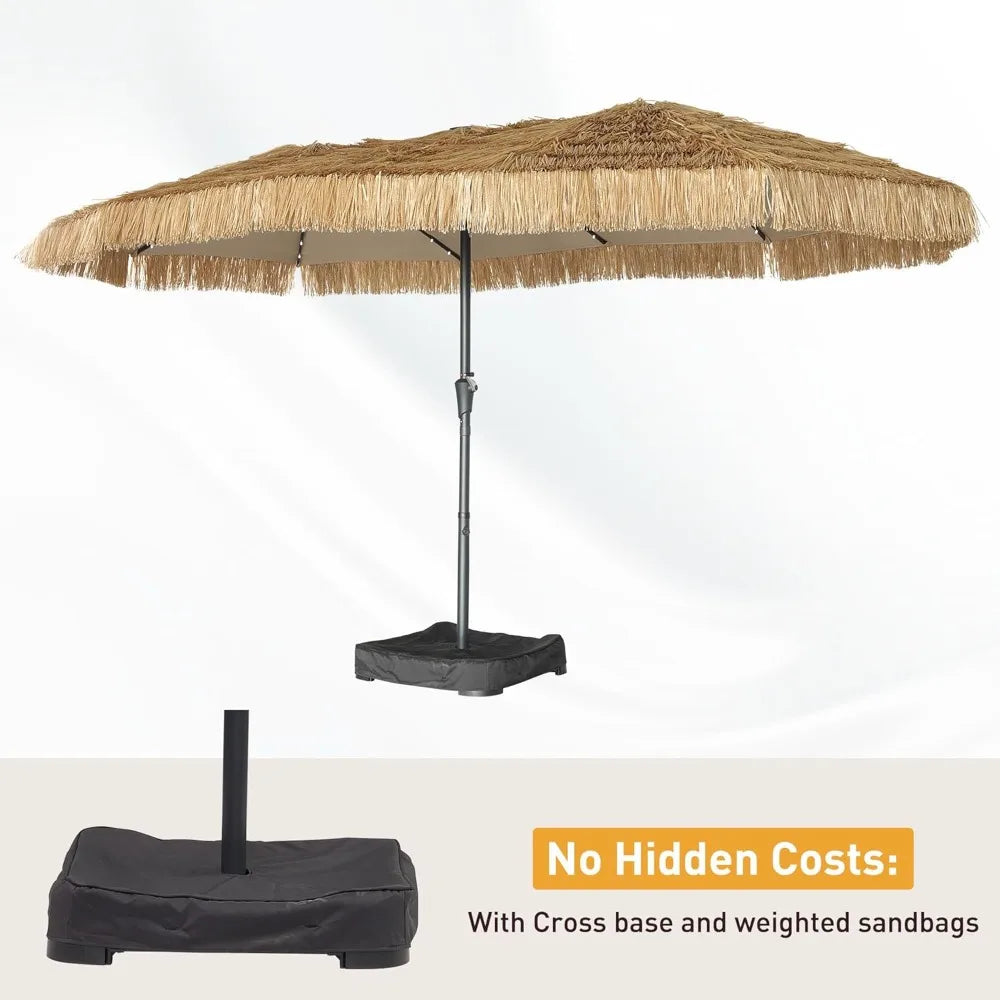 MKDK Tiki Patio Umbrella With 48 LED Lights And Heavy Duty Cross Base