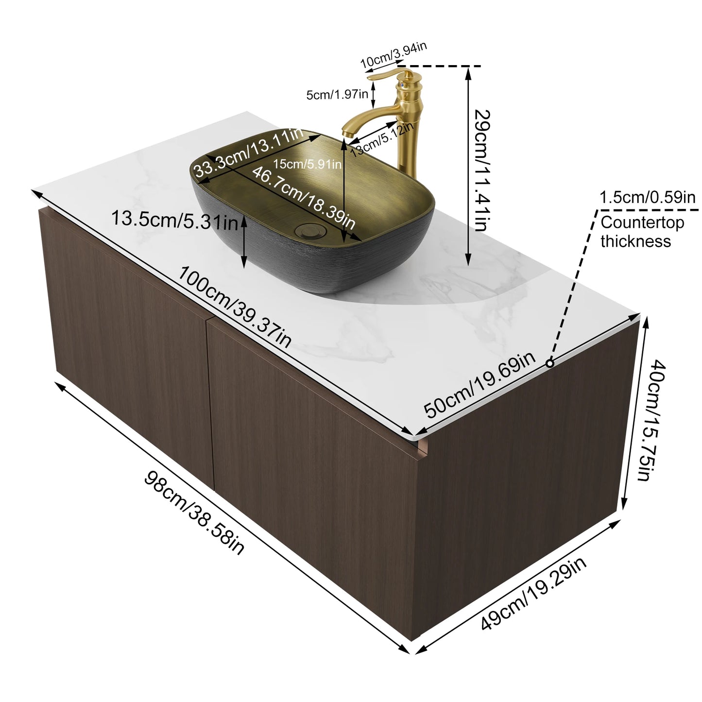 Modern Floating Bathroom Vanity Sink Combo Ceramic Basin Stone Top