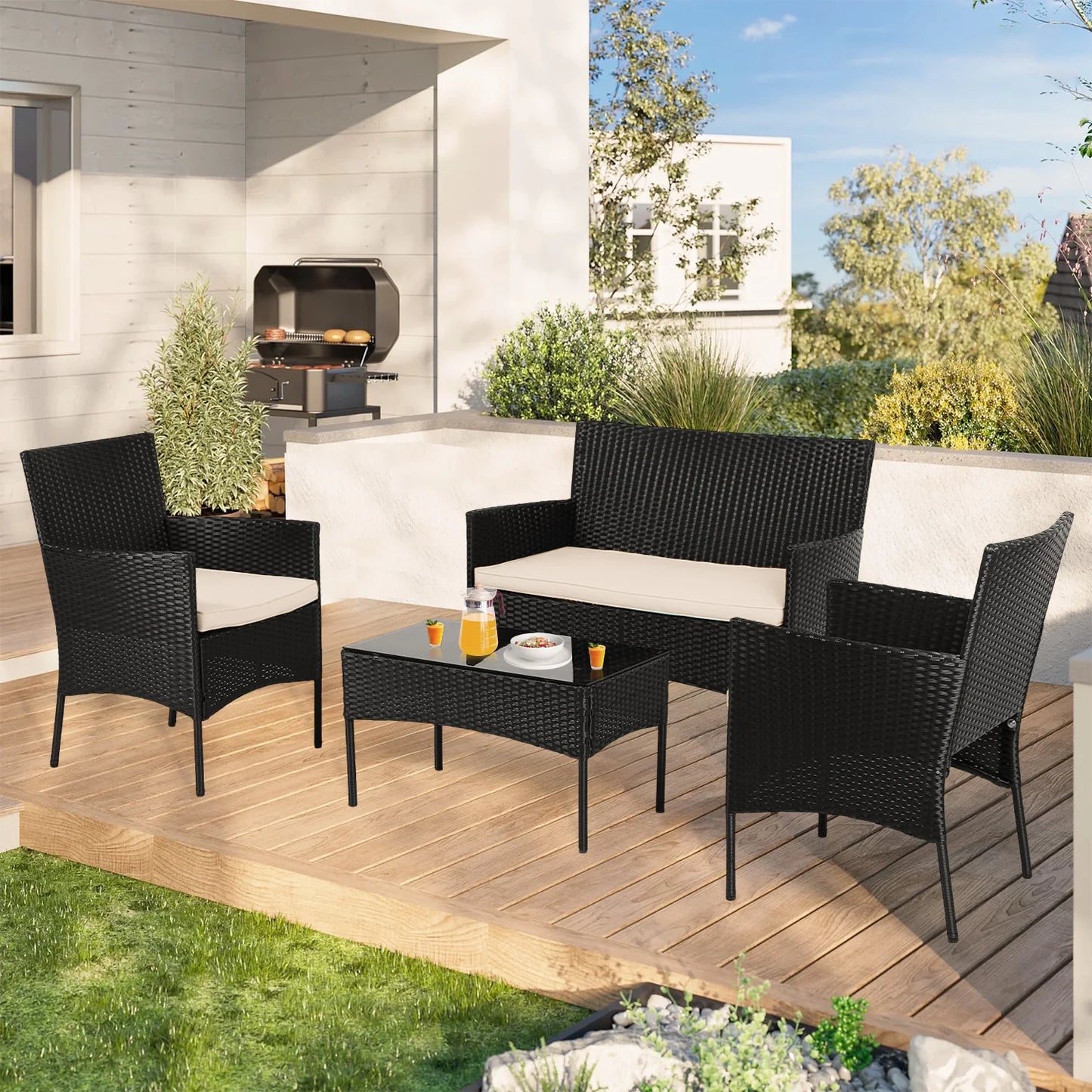 DOPINMIN 4 Piece Outdoor Patio Furniture Set Wicker Sofa Table