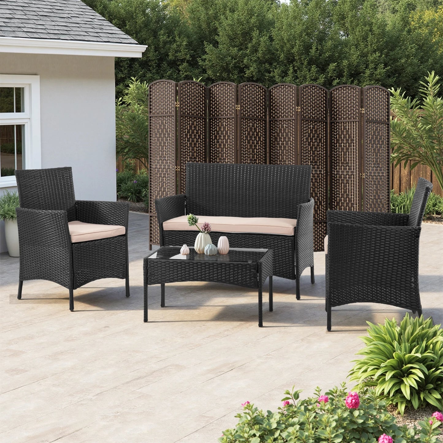 DOPINMIN 4 Piece Outdoor Patio Furniture Set Wicker Sofa Table