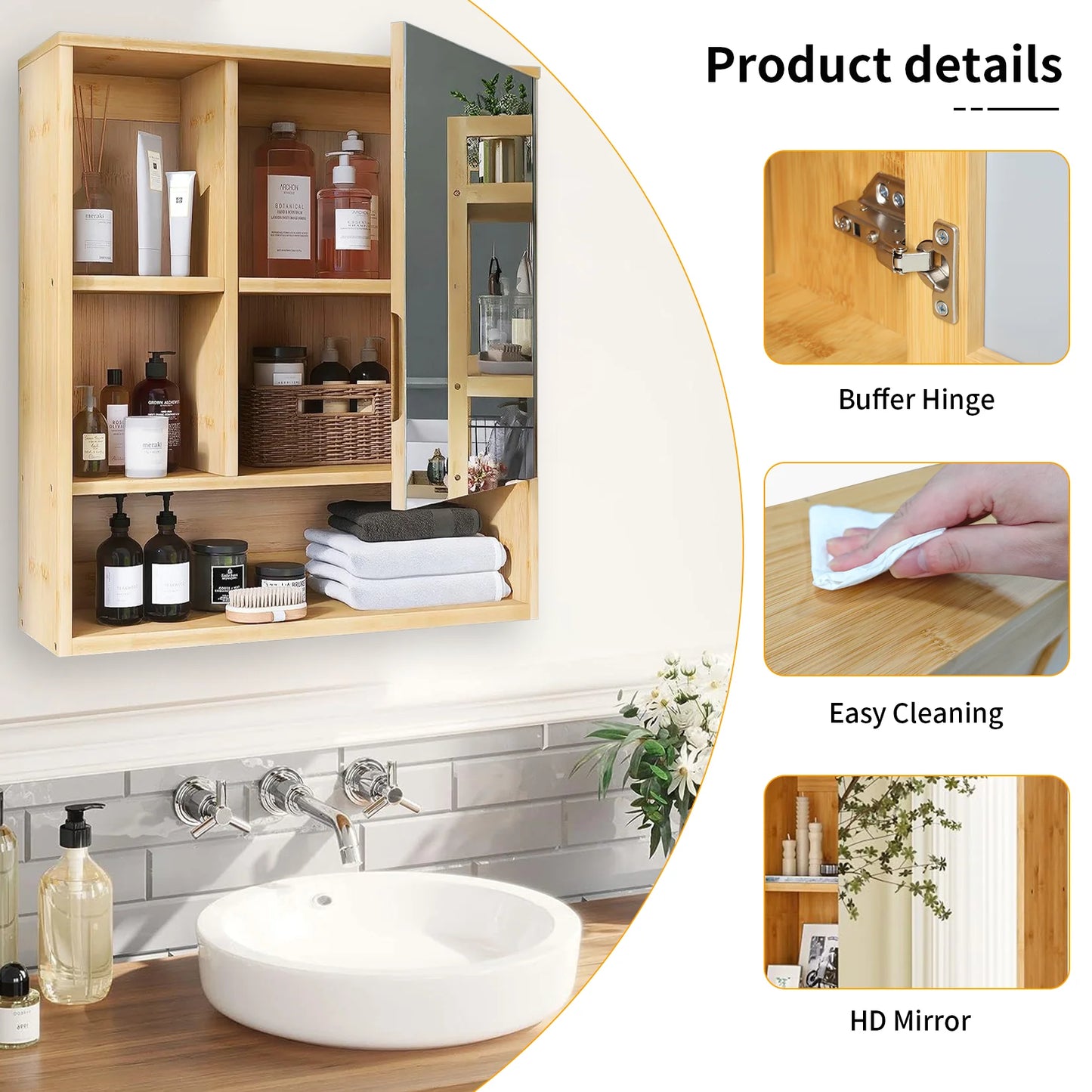 Wisfor Wall Mounted Bamboo Medicine Cabinet With Mirror