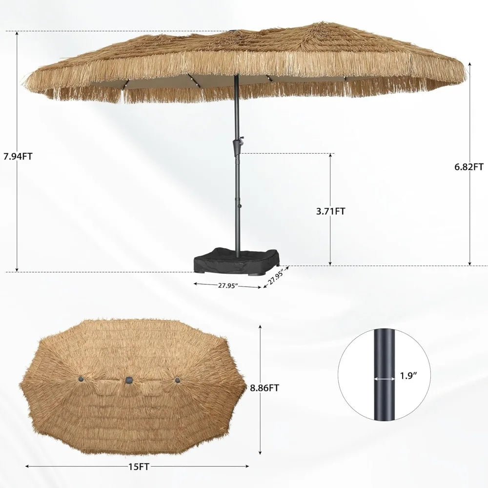 MKDK Tiki Patio Umbrella With 48 LED Lights And Heavy Duty Cross Base