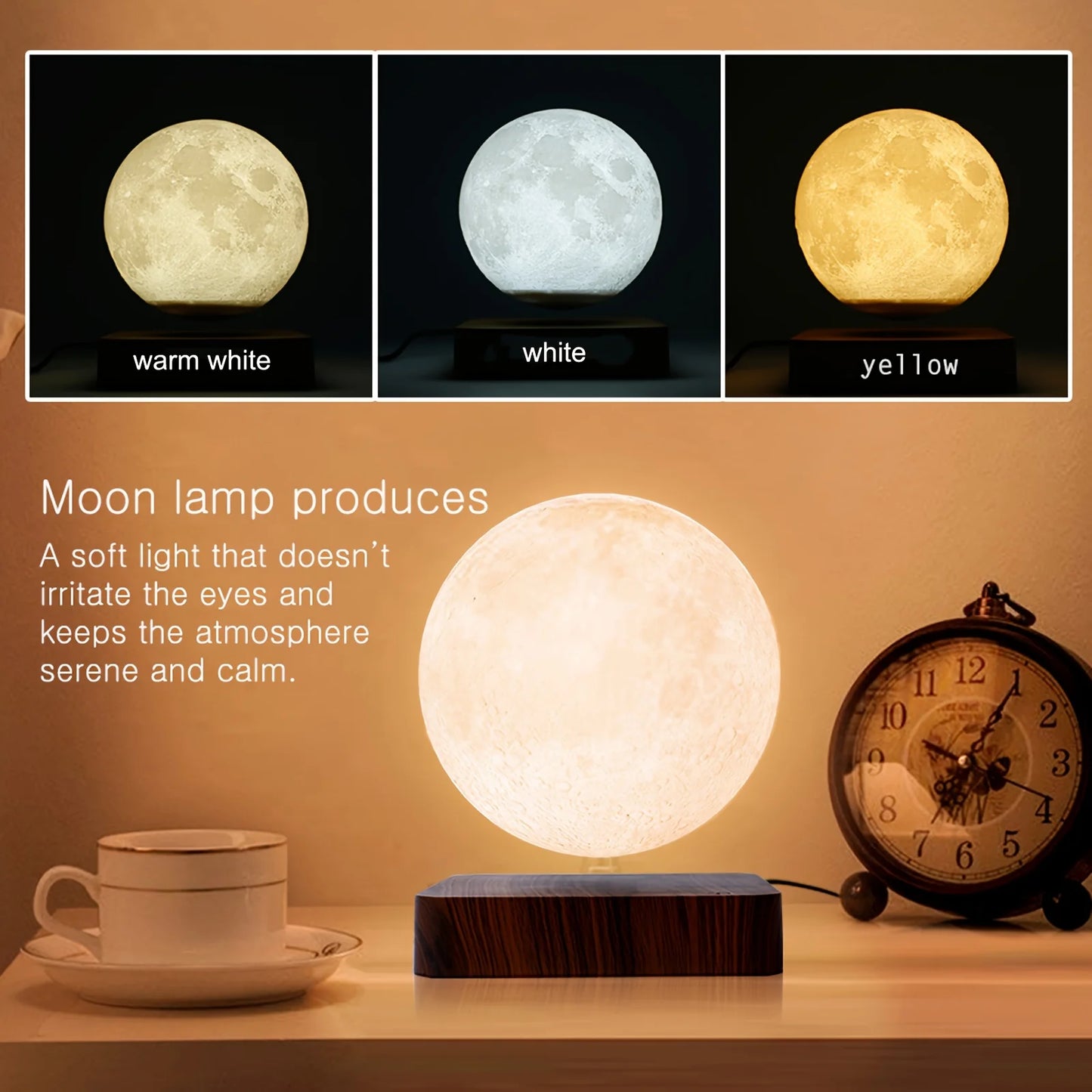 Mexllex Magnetic Floating Moon Lamp Wooden Base Three-Temperature LED