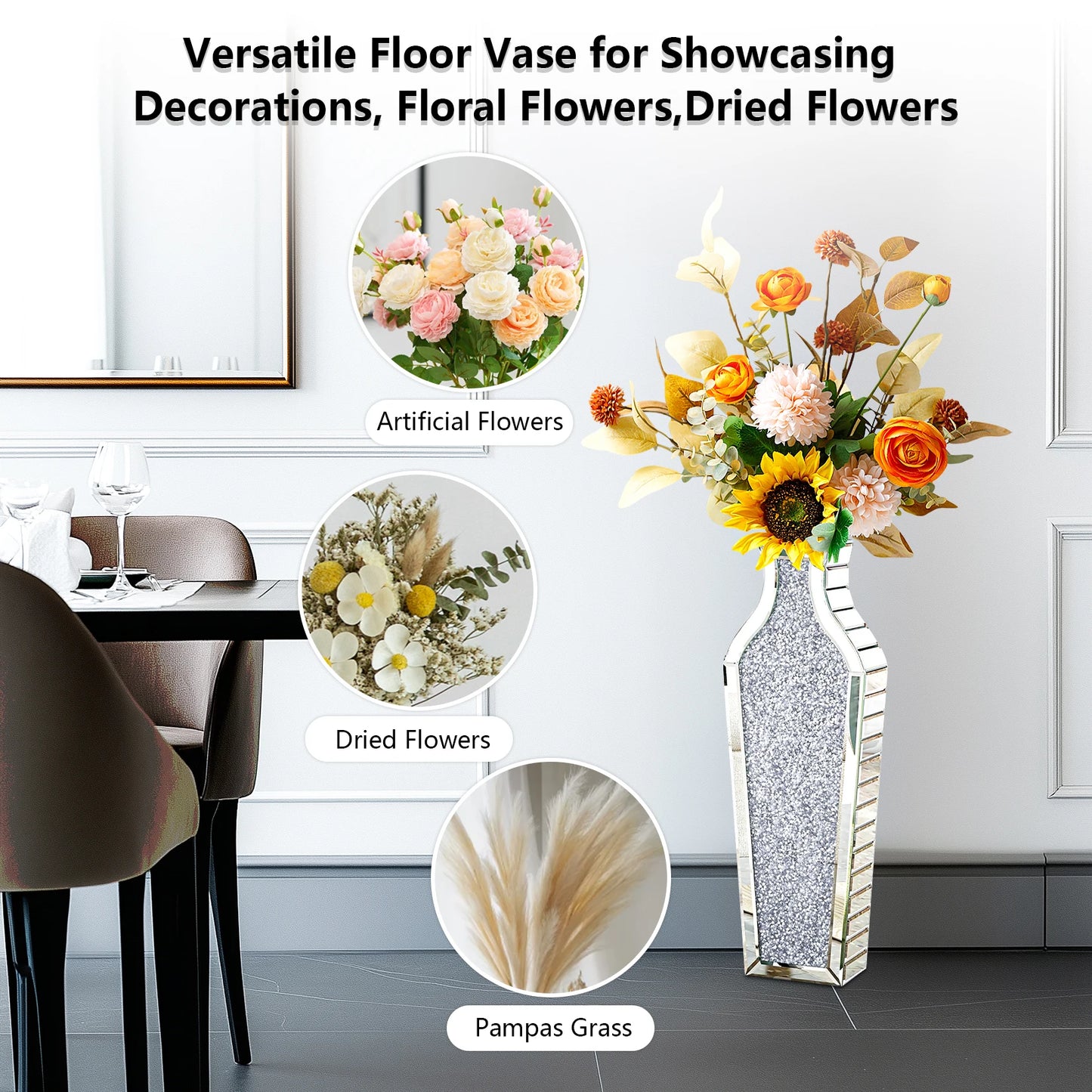 Crystal Crushed Diamond Glass Floor Vase With Inlay