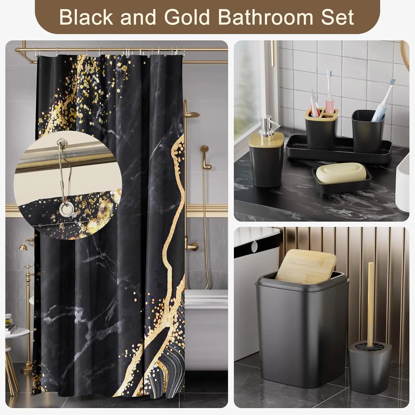 Waterproof Shower Curtain Set With Non Slip Bath Rugs