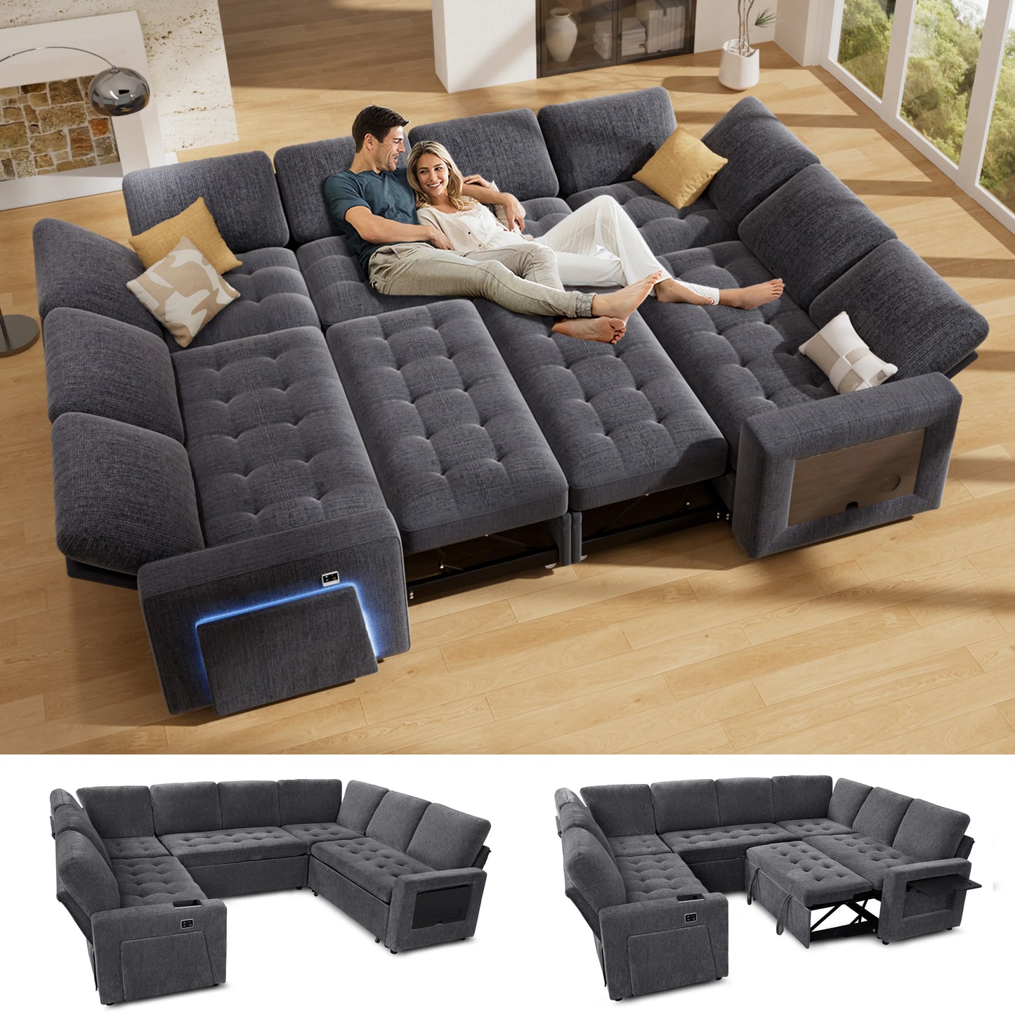 U Shaped Modular Sectional With Pull Out Bed And USB