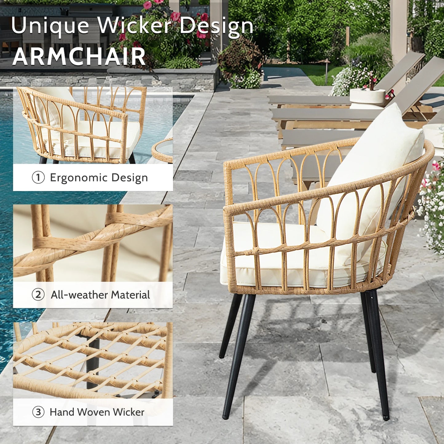 SEOGWISAM 3 Piece Outdoor Wicker Patio Furniture Set With Cushions