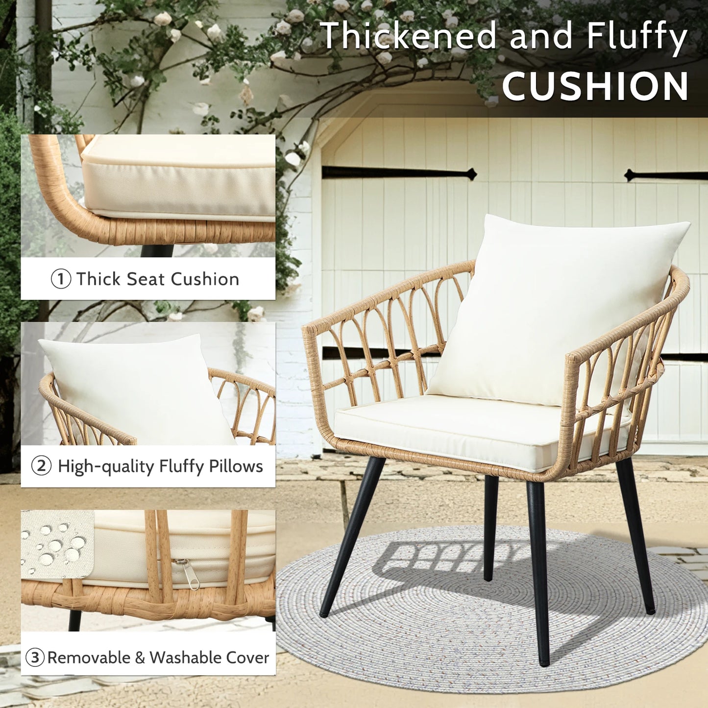 SEOGWISAM 3 Piece Outdoor Wicker Patio Furniture Set With Cushions