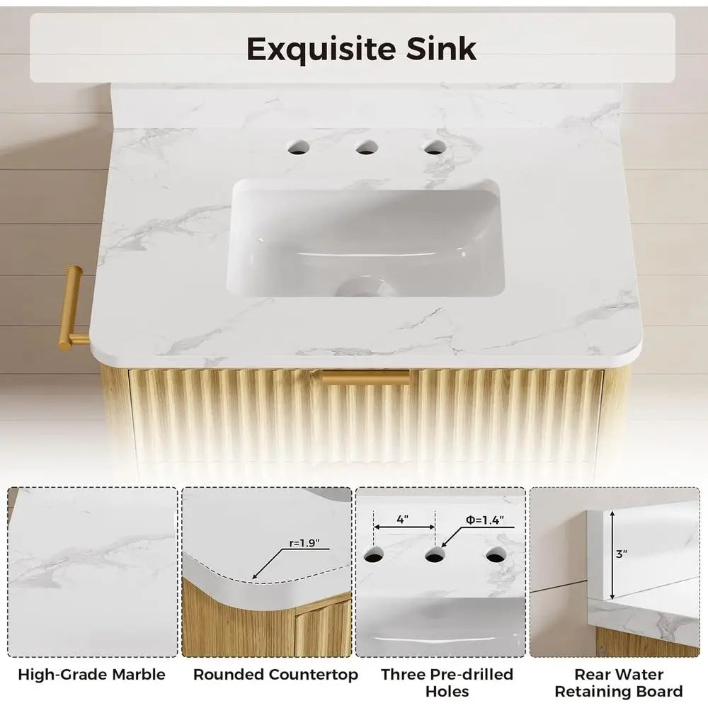 Bathroom Vanity With Ceramic Sink Freestanding Wood Grain Cabinet