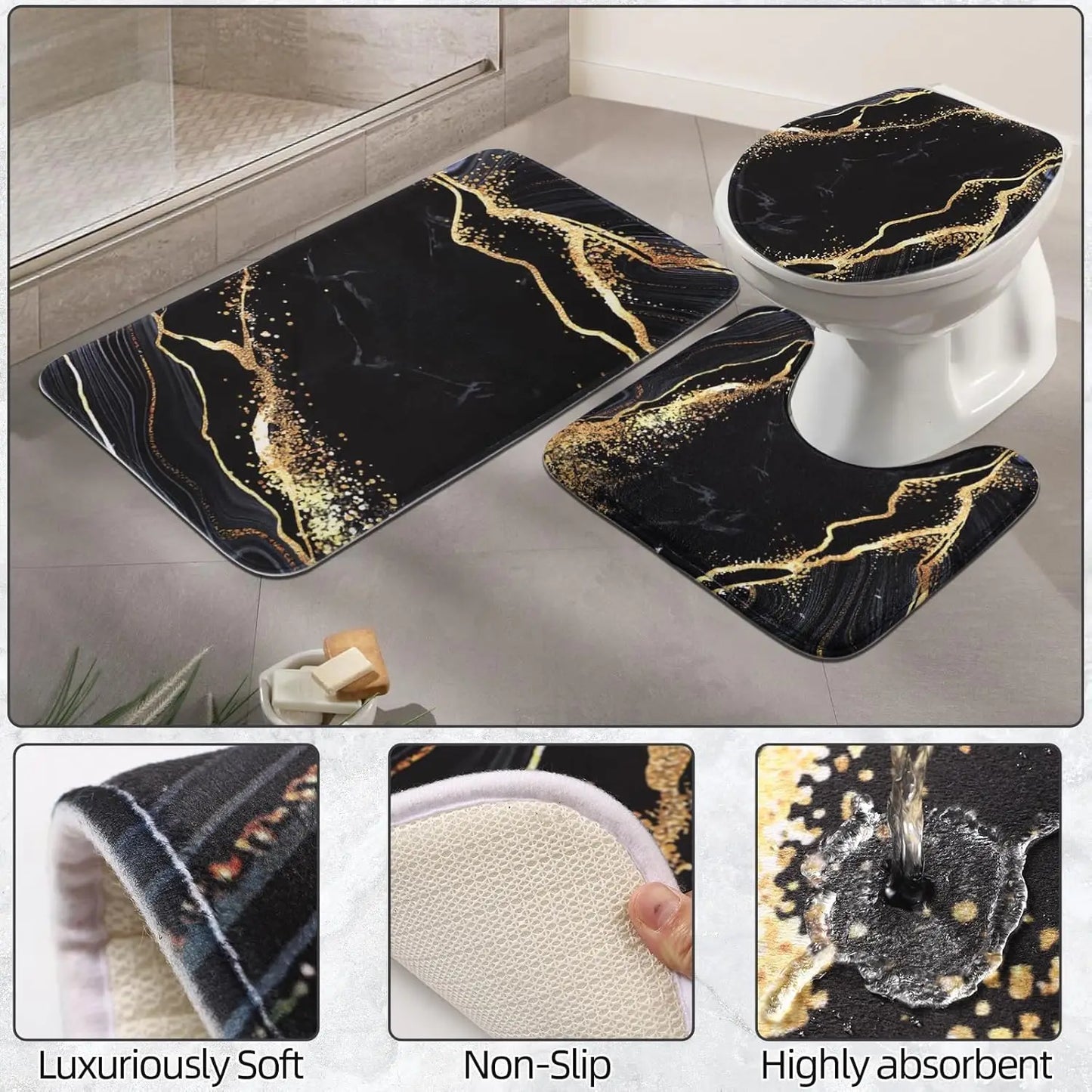 Waterproof Shower Curtain Set With Non Slip Bath Rugs