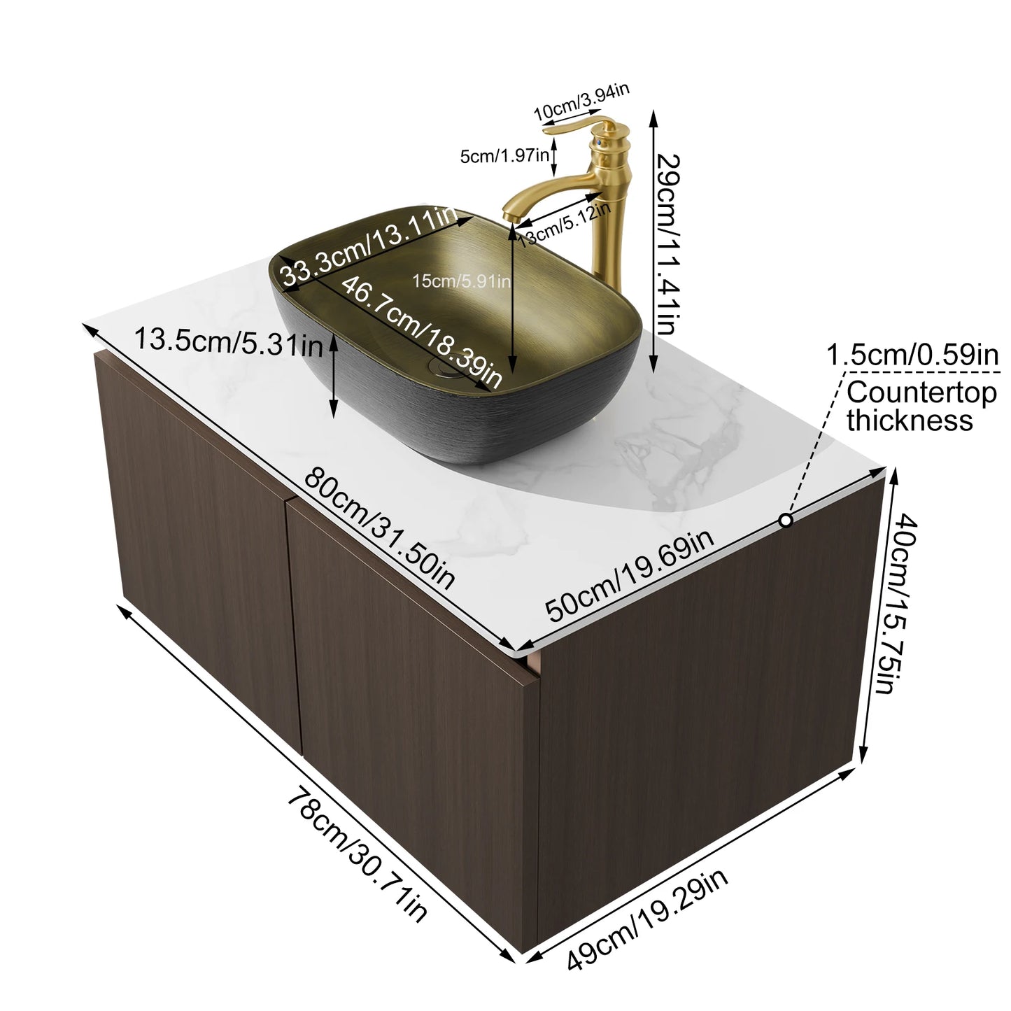 Modern Floating Bathroom Vanity Sink Combo Ceramic Basin Stone Top