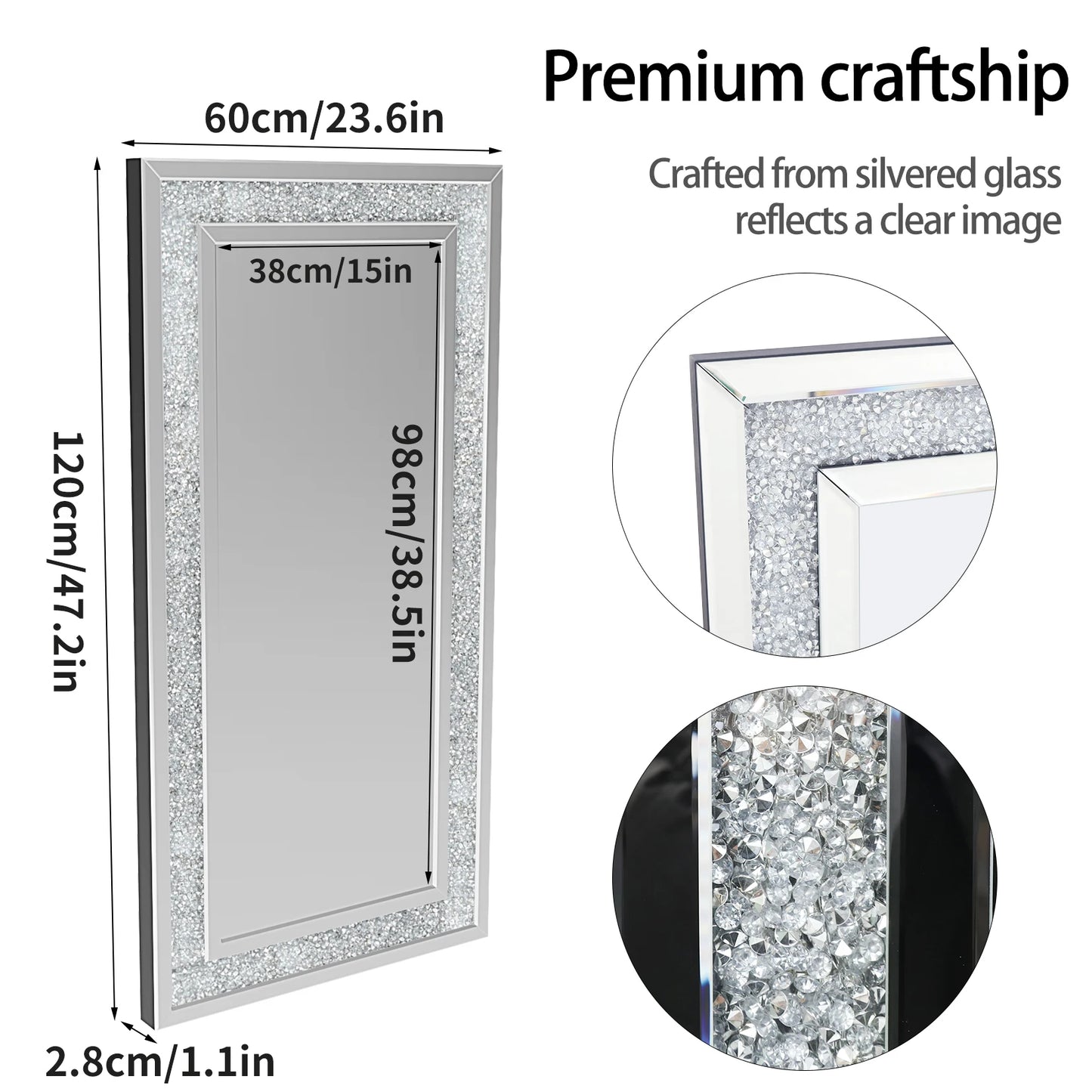 Frameless Diamond Crystal Wall Mirror Modern Rectangle