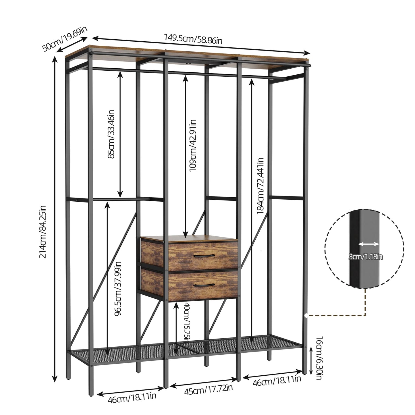 Industrial Coat Rack With Open Wardrobe Two Drawers And Shelves