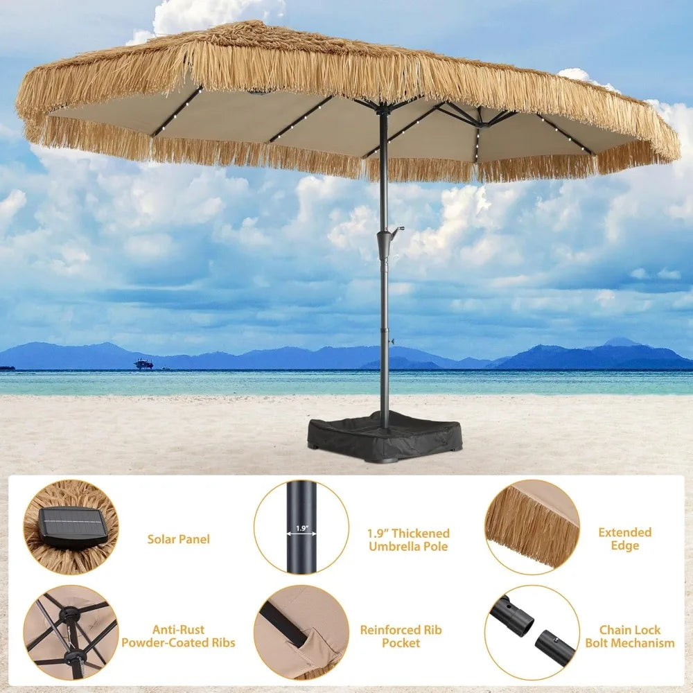 MKDK Tiki Patio Umbrella With 48 LED Lights And Heavy Duty Cross Base
