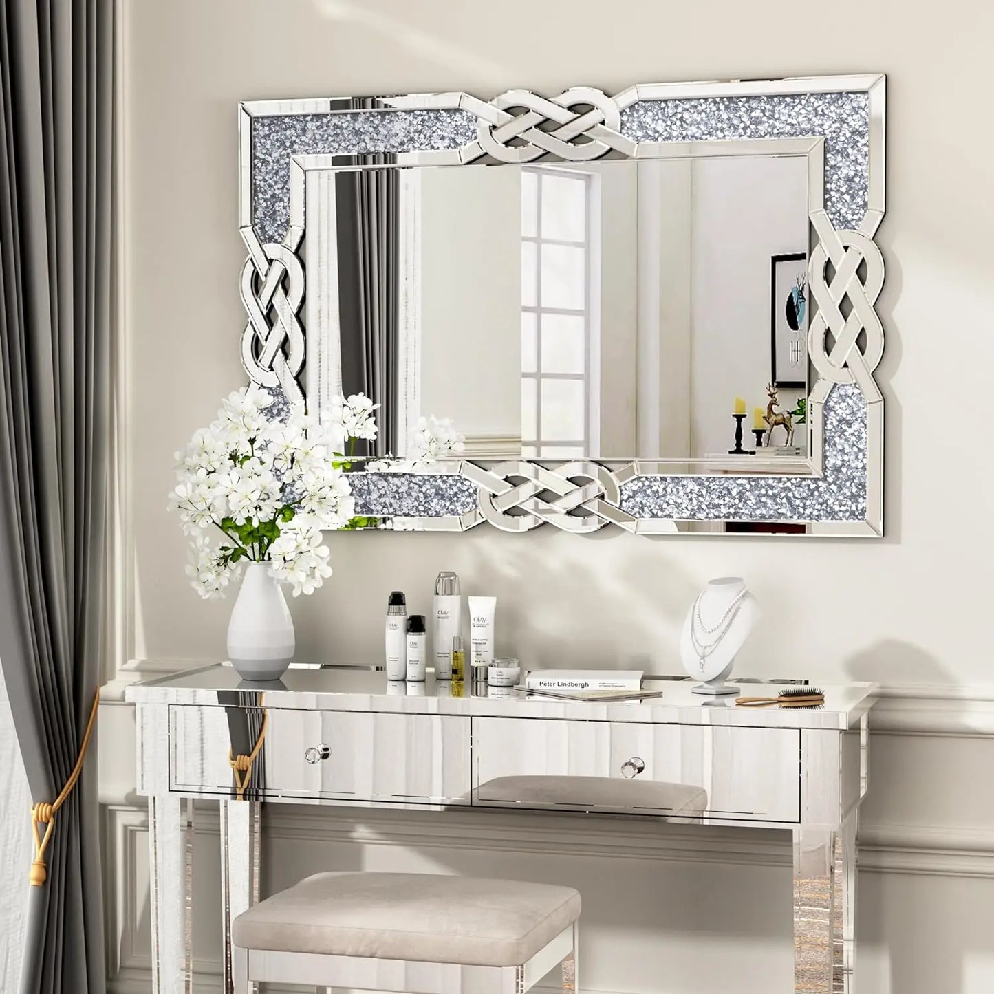 Crystal Diamond Mirror Vanity Wall Hanging for Bedroom Hallway Living Room