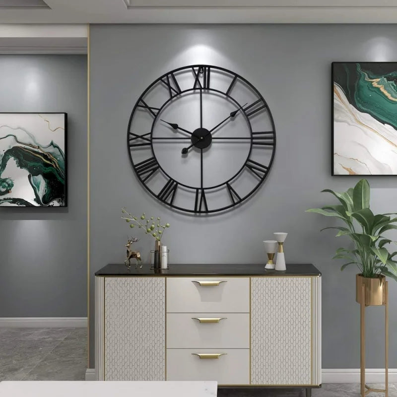 Metal Round Wall Clock Silent Battery Operated Living Room Decor