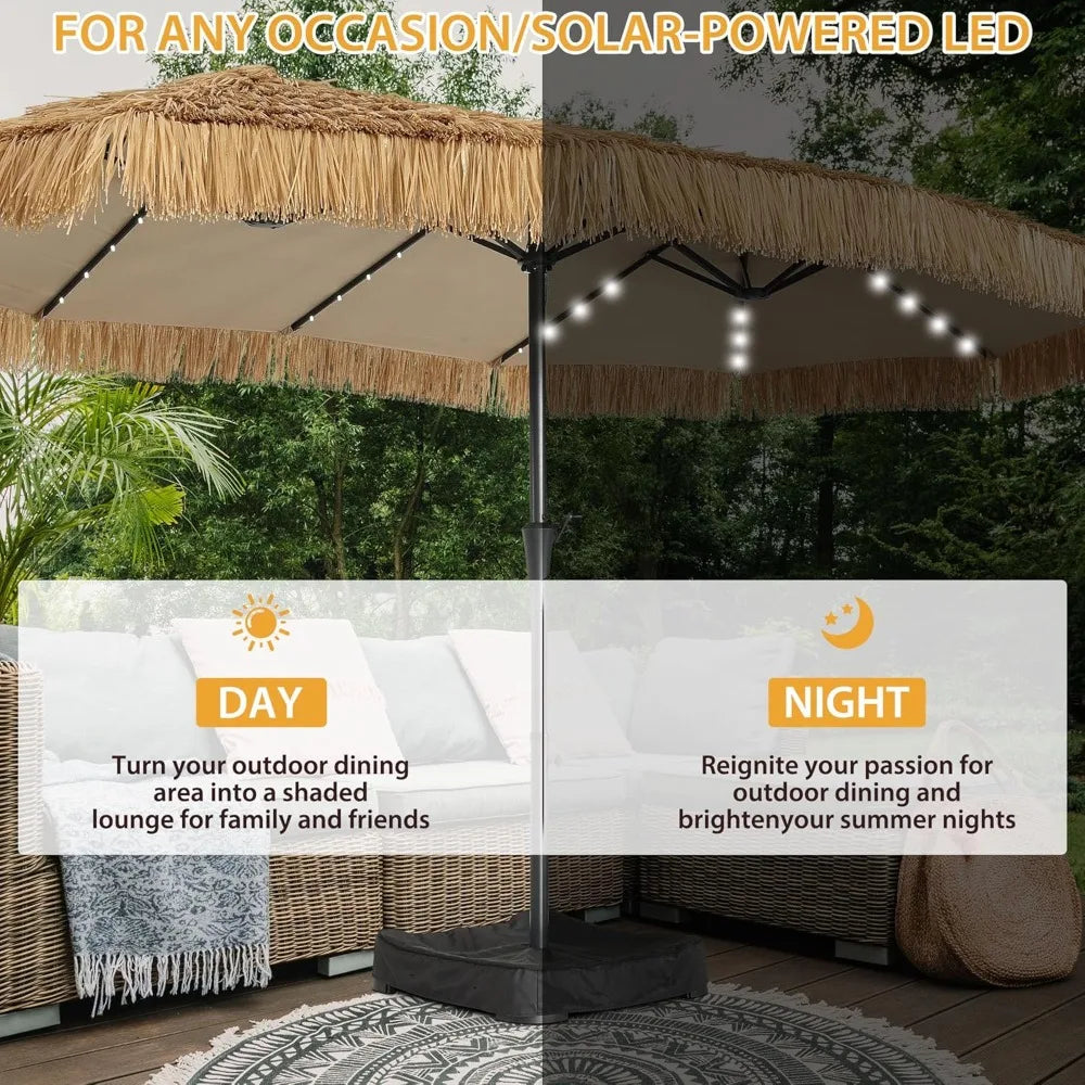 MKDK Tiki Patio Umbrella With 48 LED Lights And Heavy Duty Cross Base
