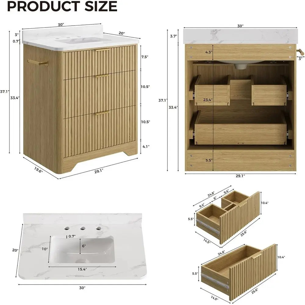 Bathroom Vanity With Ceramic Sink Freestanding Wood Grain Cabinet