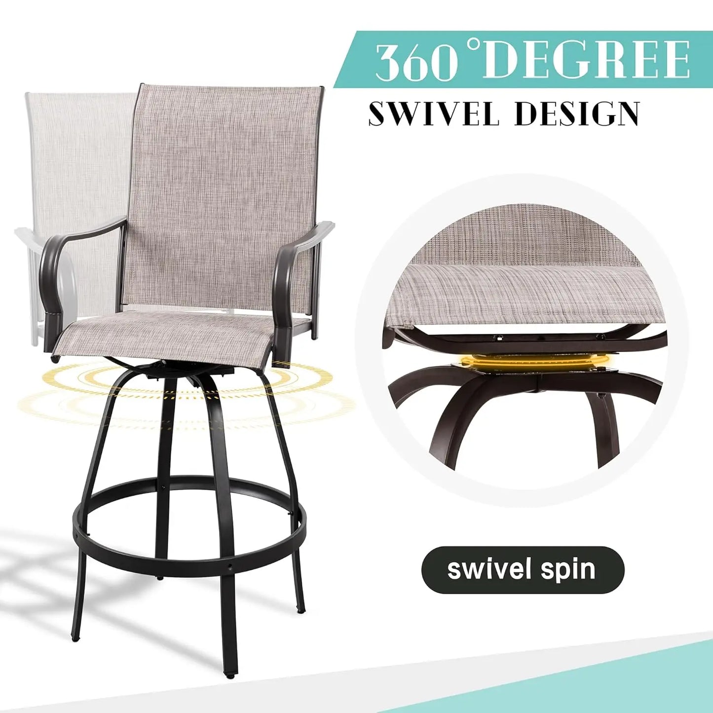 Outdoor Metal Patio Swivel Bar Chairs With 360 Degree Swivel