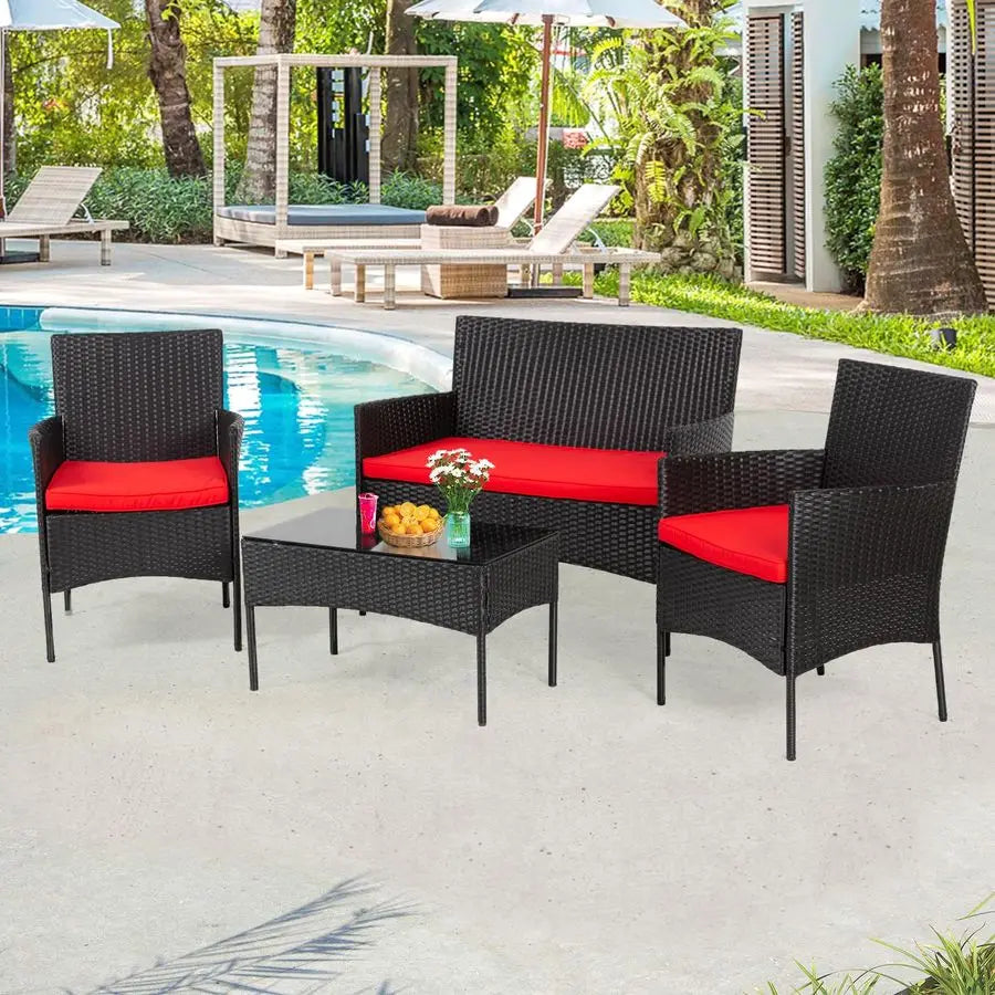 Modular Patio Conversation Set Rattan Chairs With Glass Table Cushions