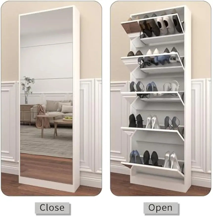 Entryway Mirrored Five Drawer Freestanding Shoe Cabinet With Full Mirror