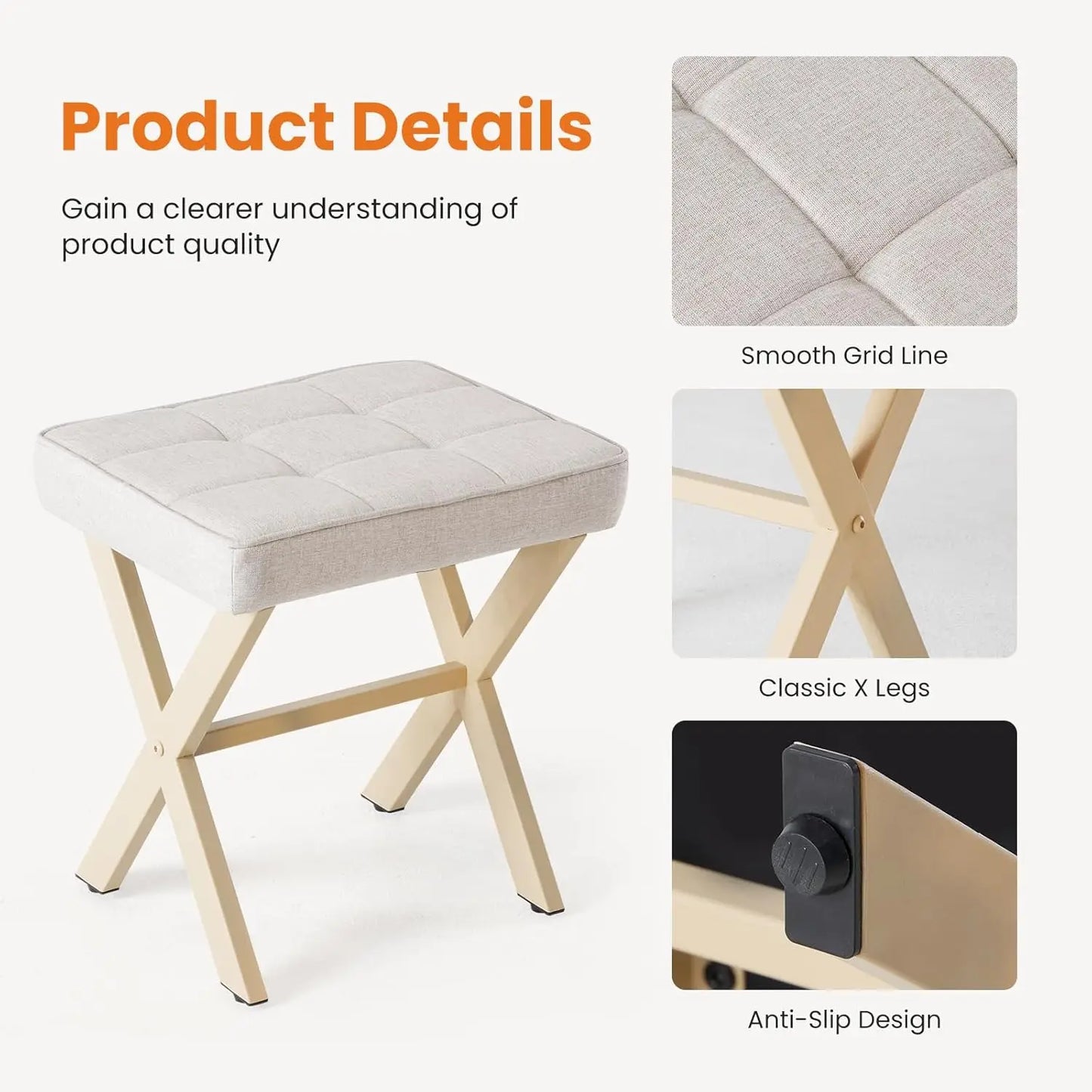 XMSJ Vanity Stool Ottoman Linen Padded Seat Metal X Legs
