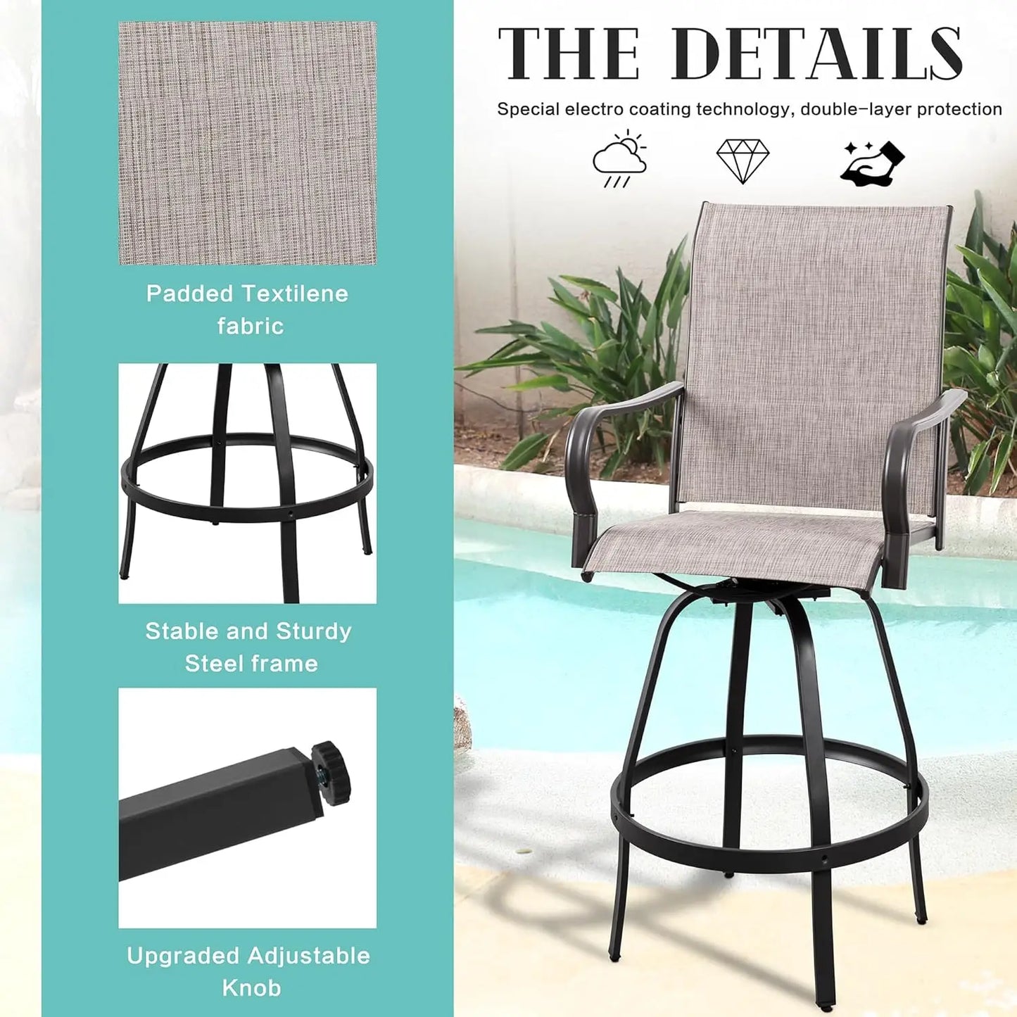 Outdoor Metal Patio Swivel Bar Chairs With 360 Degree Swivel