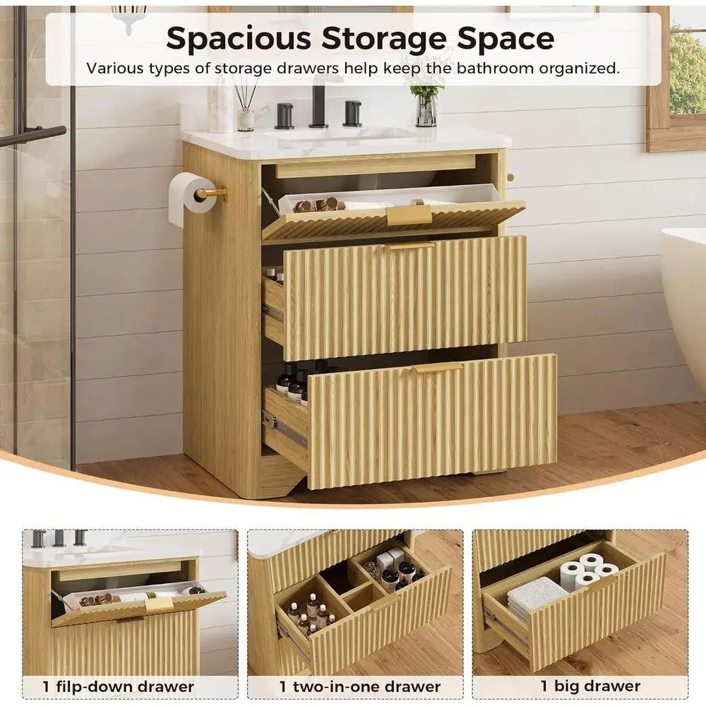 Bathroom Vanity With Ceramic Sink Freestanding Wood Grain Cabinet