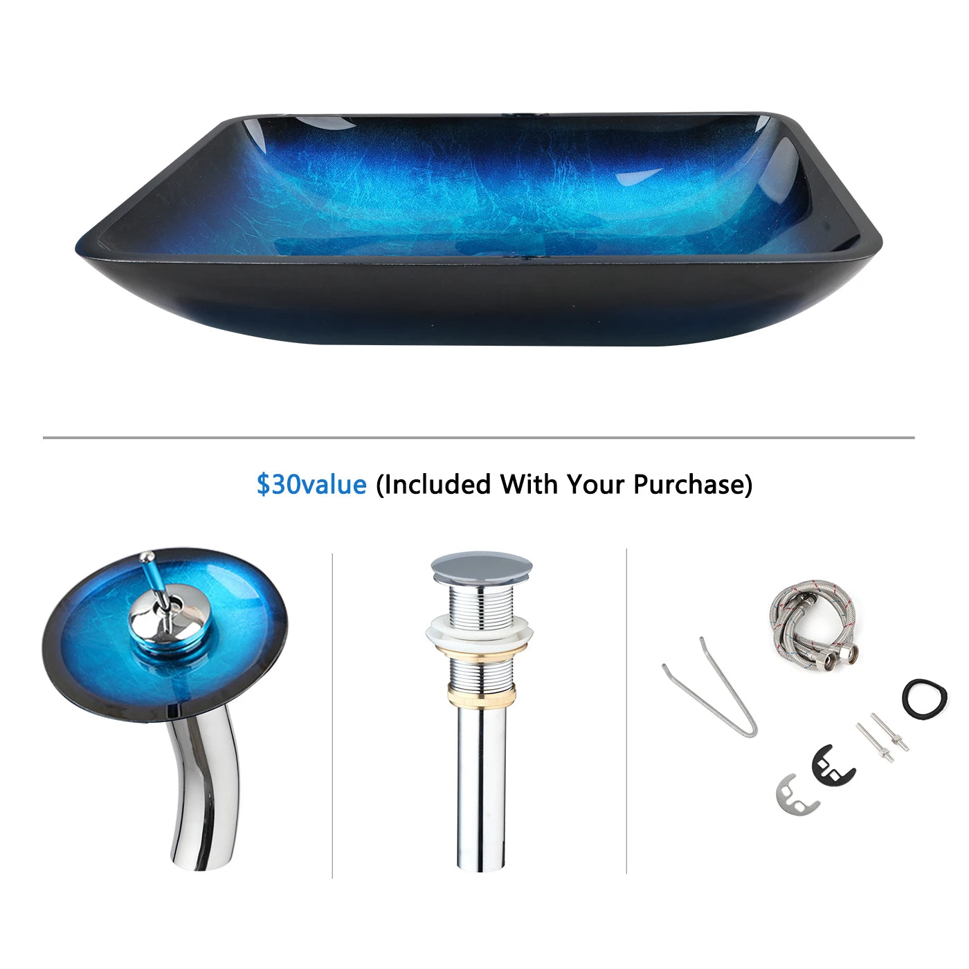 YANKSMART Tempered Glass Bathroom Basin Sink With Faucet Set