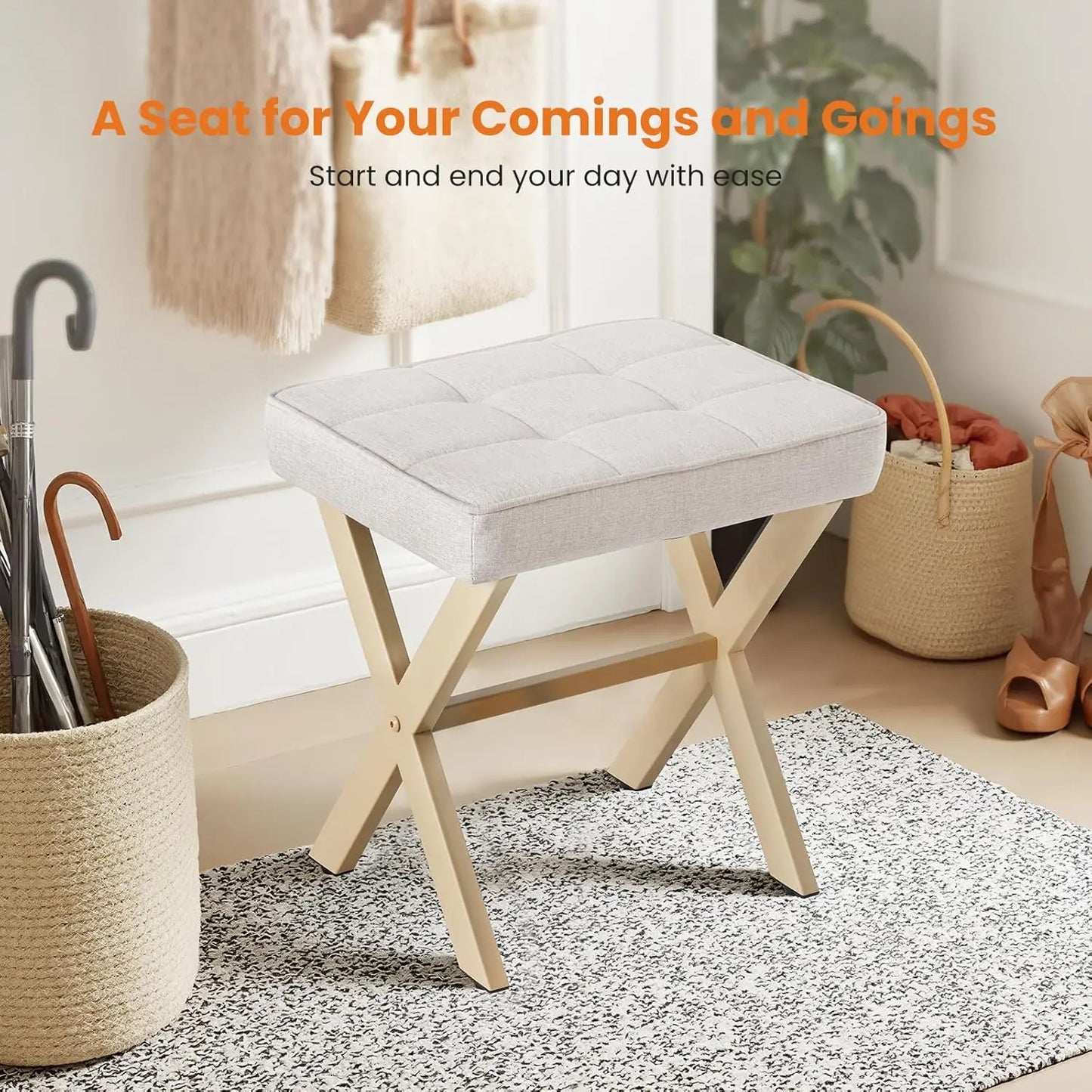 XMSJ Vanity Stool Ottoman Linen Padded Seat Metal X Legs
