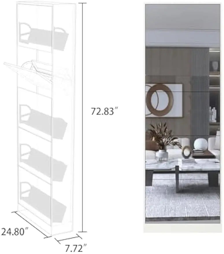 Entryway Mirrored Five Drawer Freestanding Shoe Cabinet With Full Mirror