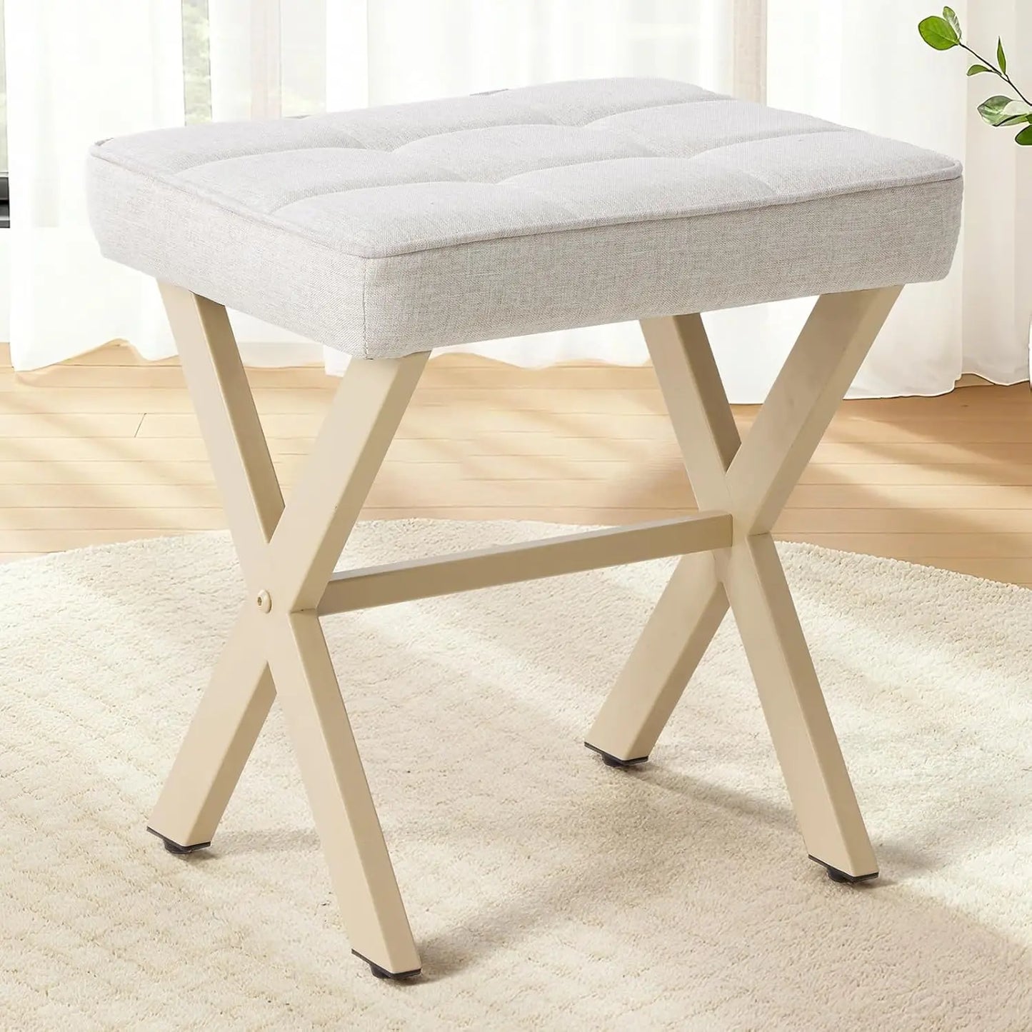 XMSJ Vanity Stool Ottoman Linen Padded Seat Metal X Legs