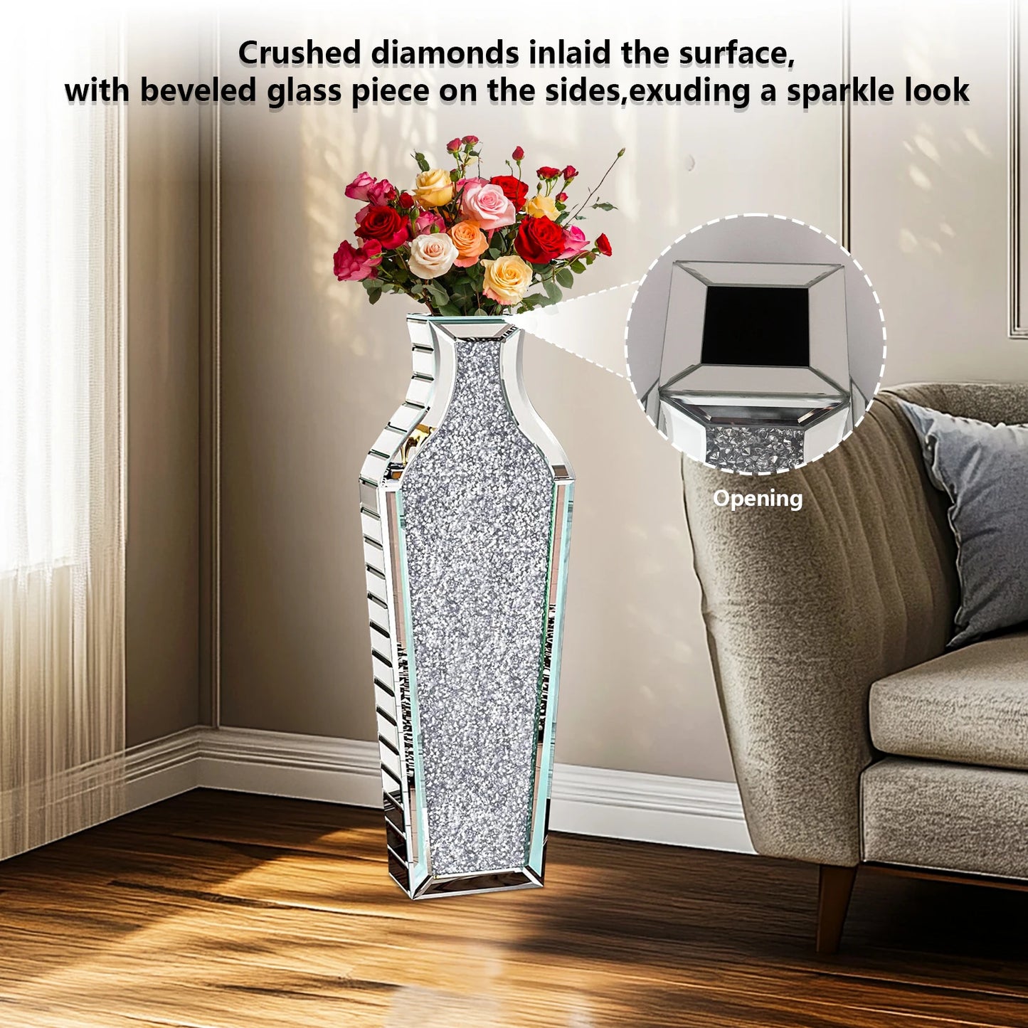 Crystal Crushed Diamond Glass Floor Vase With Inlay