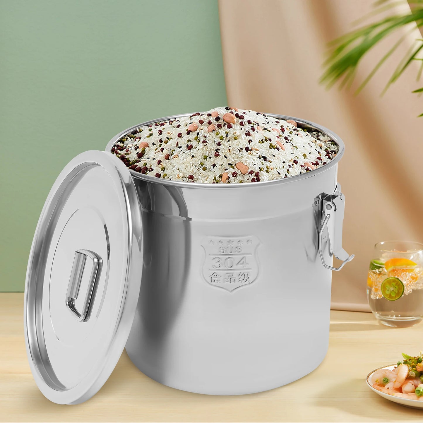 Stainless Steel Airtight Rice Canister With Lid For Kitchen Storage