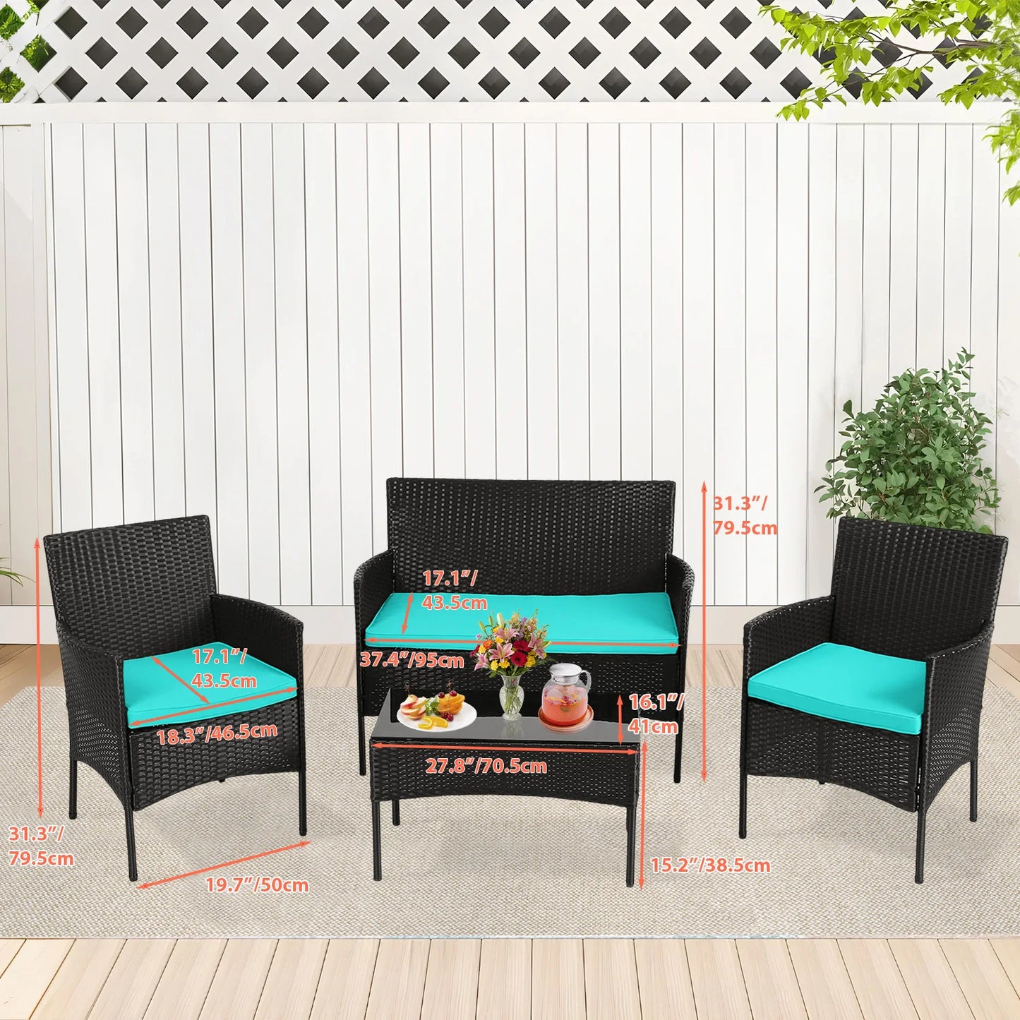 DOPINMIN 4 Piece Outdoor Patio Furniture Set Wicker Sofa Table