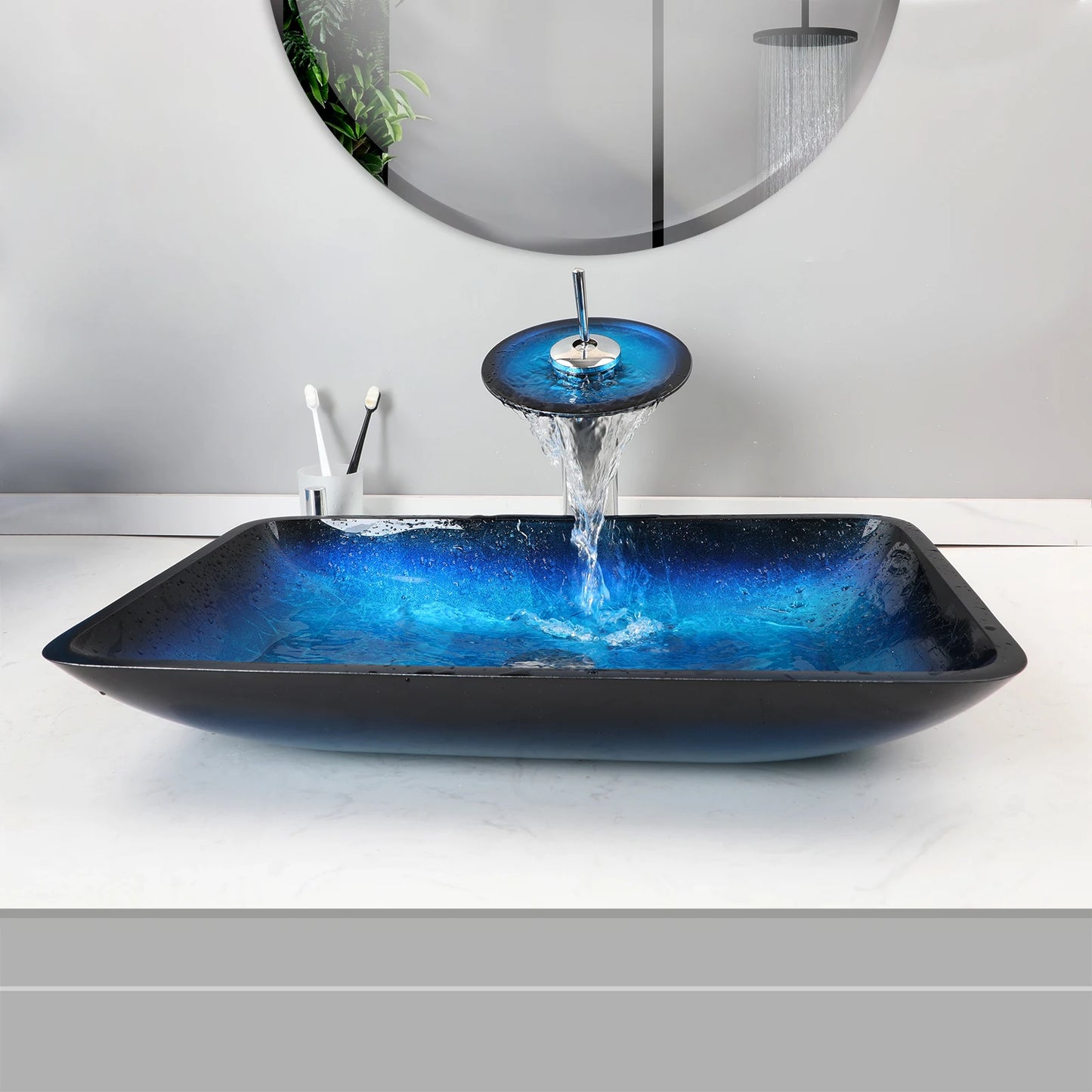 YANKSMART Tempered Glass Bathroom Basin Sink With Faucet Set