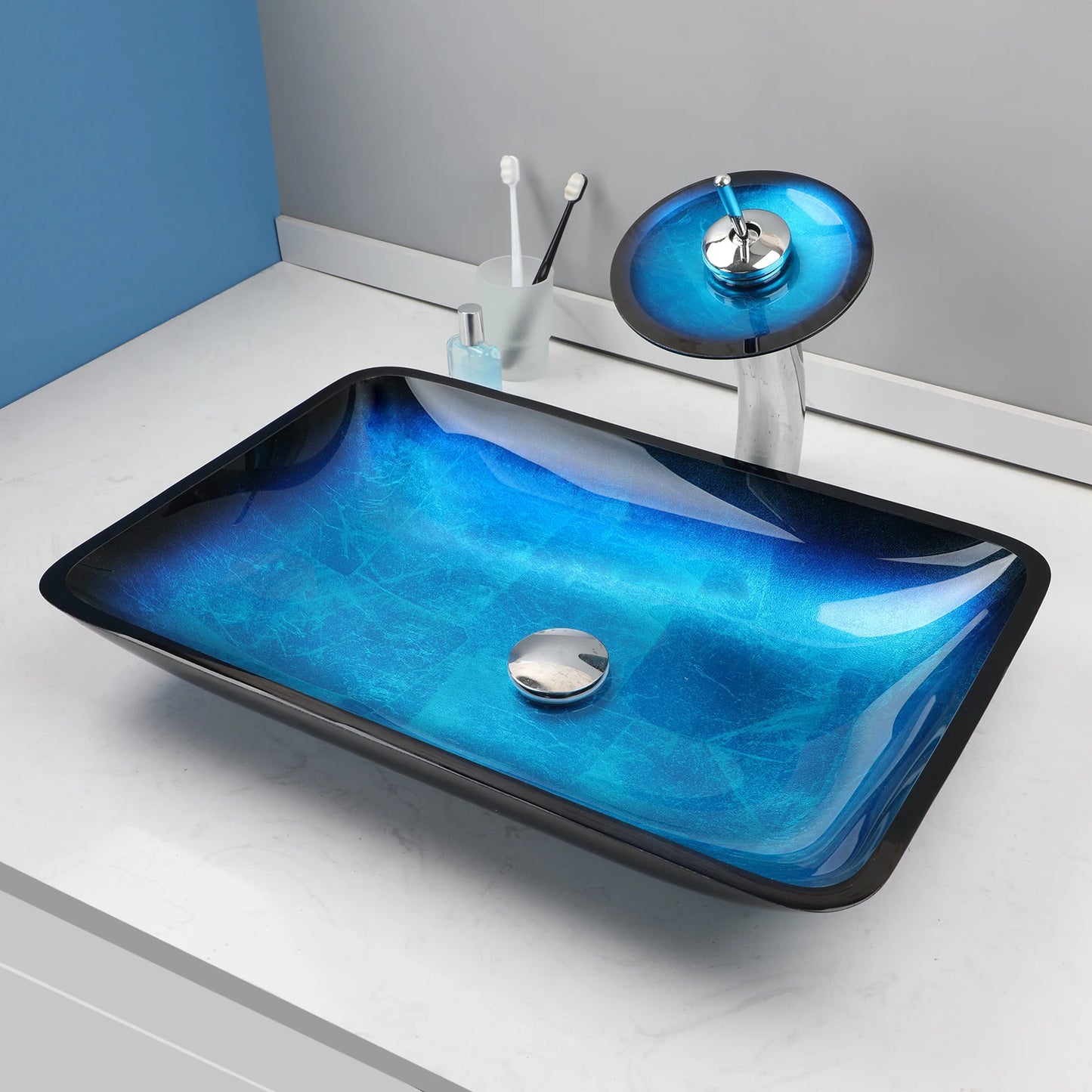 YANKSMART Tempered Glass Bathroom Basin Sink With Faucet Set