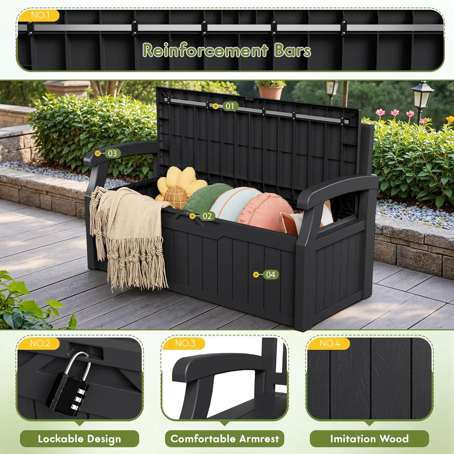XMSJ Storage Bench Outdoor Deck Box Lockable Waterproof UV Resistant
