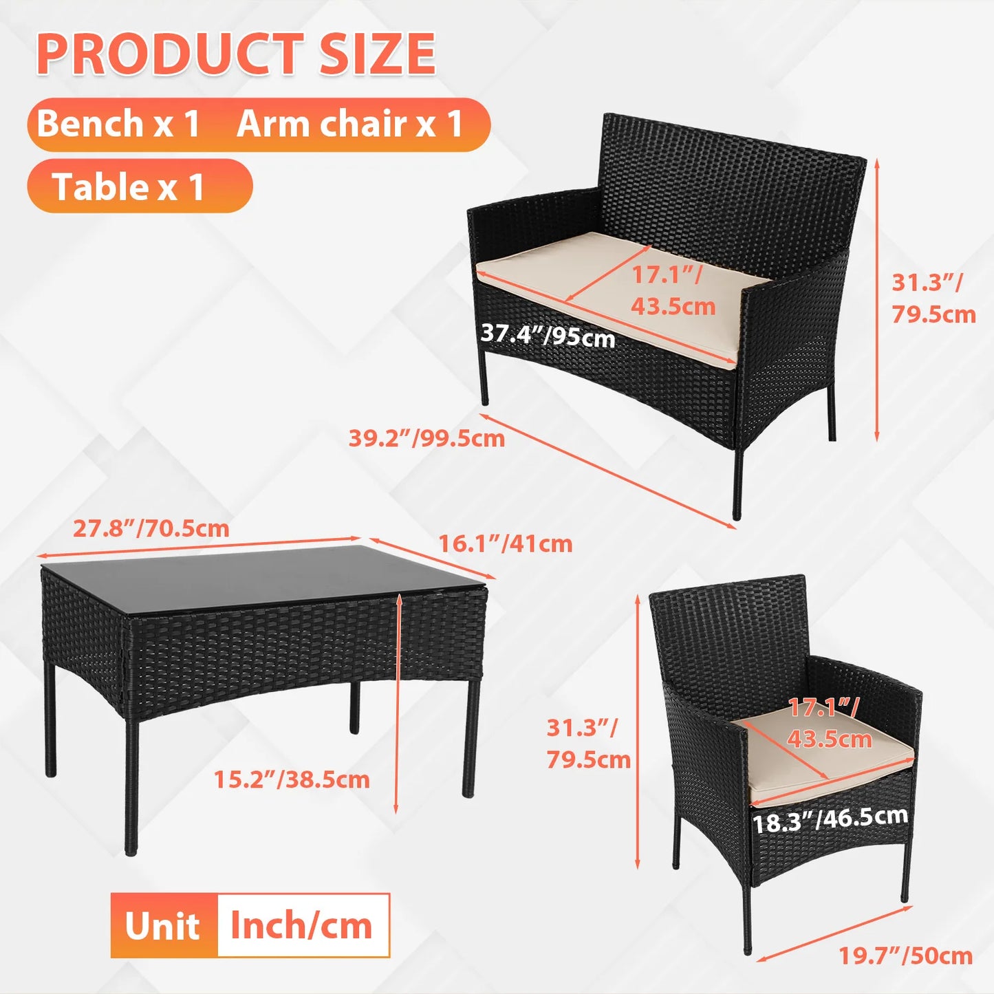 DOPINMIN 4 Piece Outdoor Patio Furniture Set Wicker Sofa Table