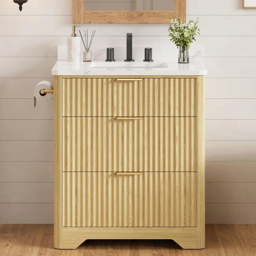 Bathroom Vanity With Ceramic Sink Freestanding Wood Grain Cabinet