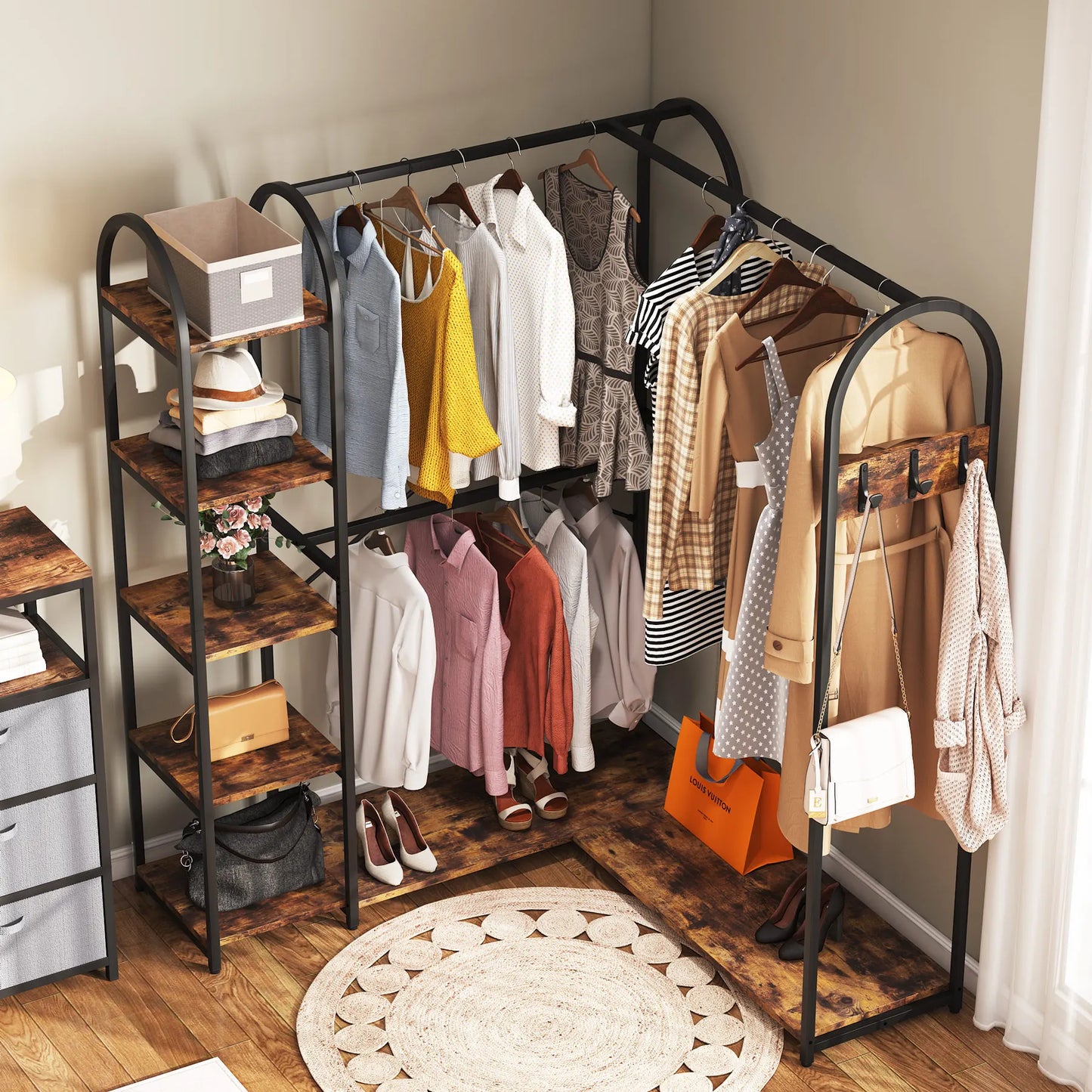 Tribesigns L Shape Clothes Rack With Storage Shelves And Rods