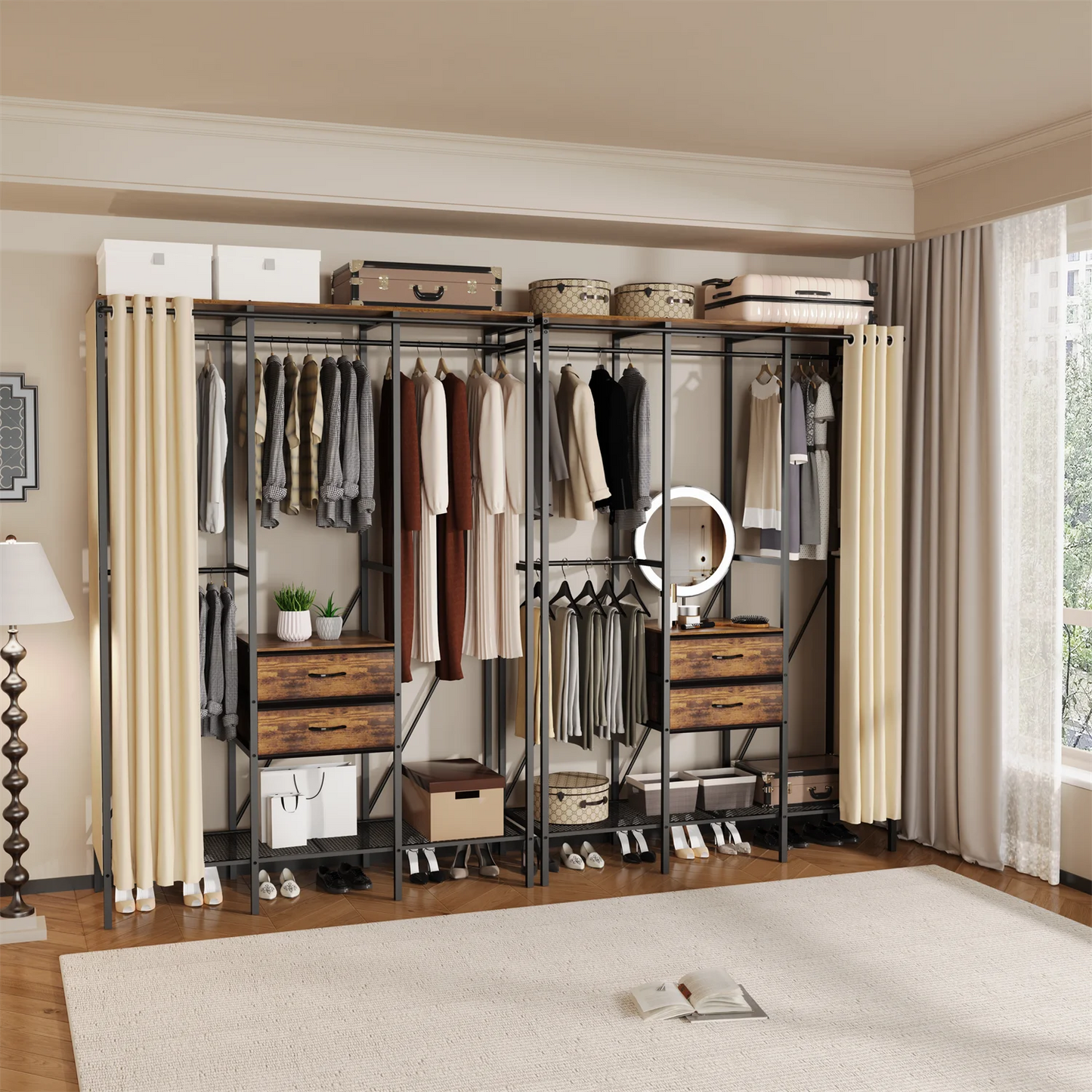 Industrial Coat Rack With Open Wardrobe Two Drawers And Shelves