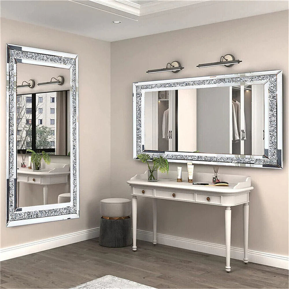 Frameless Diamond Crystal Wall Mirror Modern Rectangle