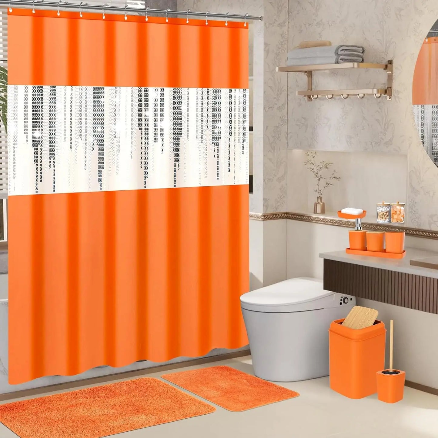 Sparkling Bathroom Decor Kit With Sequin Shower Curtain And Rugs