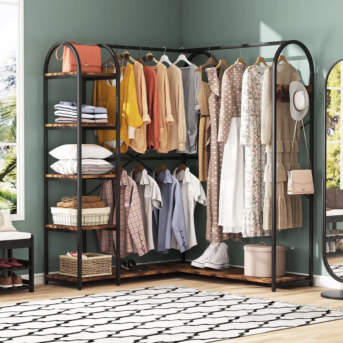 Tribesigns L Shape Clothes Rack With Storage Shelves And Rods